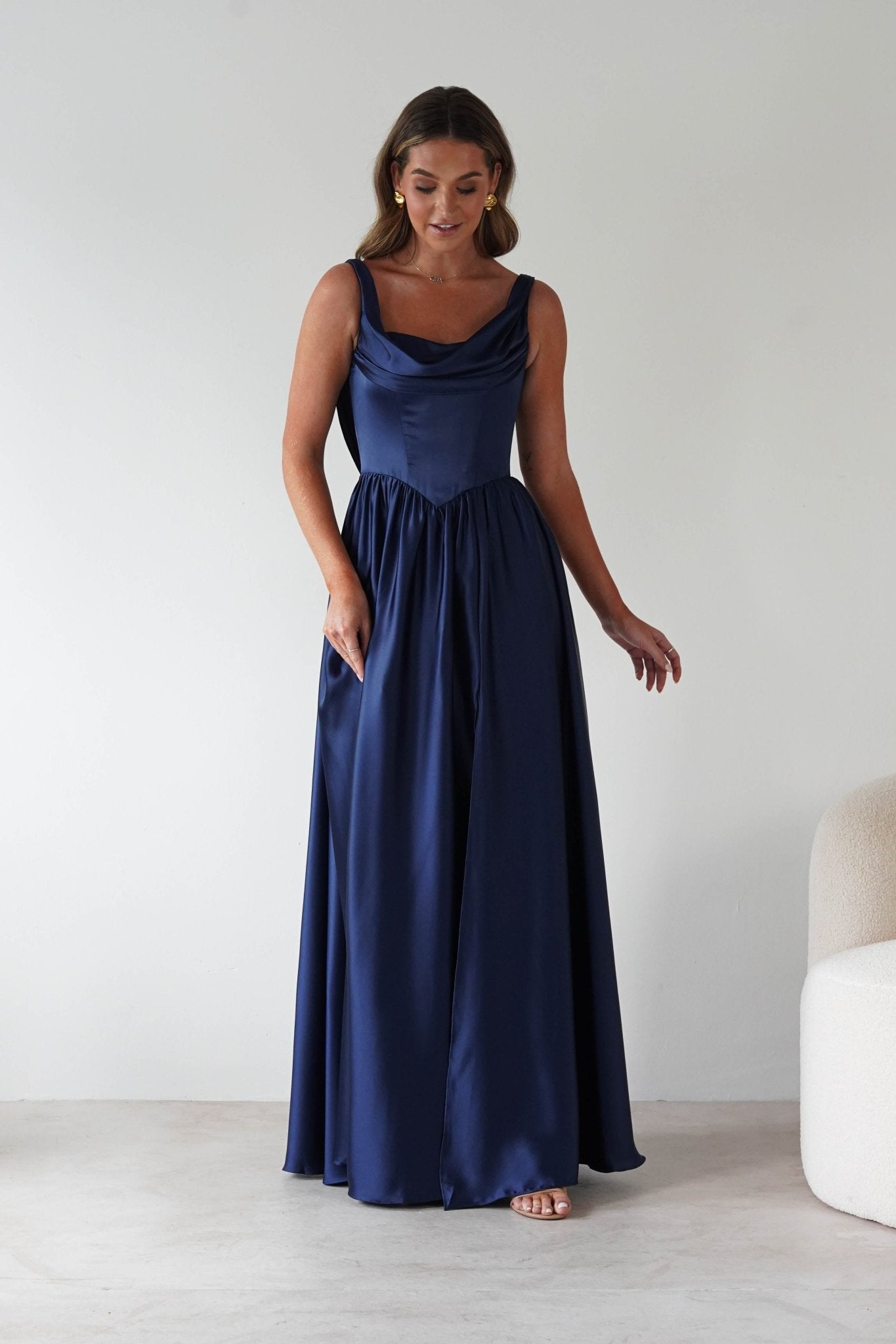 Katalia Cowl Nack Satin Gown | Royal Blue | Debs & Prom | Formal Gown | Oh Hello Clothing