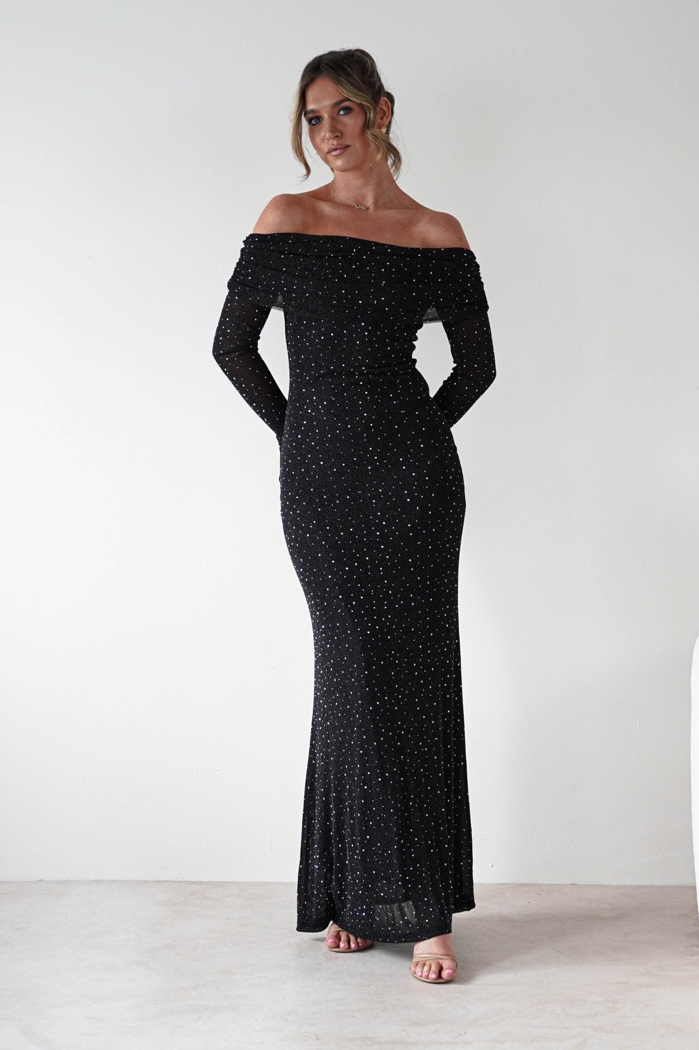 Katalina Sparkling Rhinestone Maxi Dress Black | Wedding Guest Dress | One Shoulder | Maxi | Oh Hello Clothing