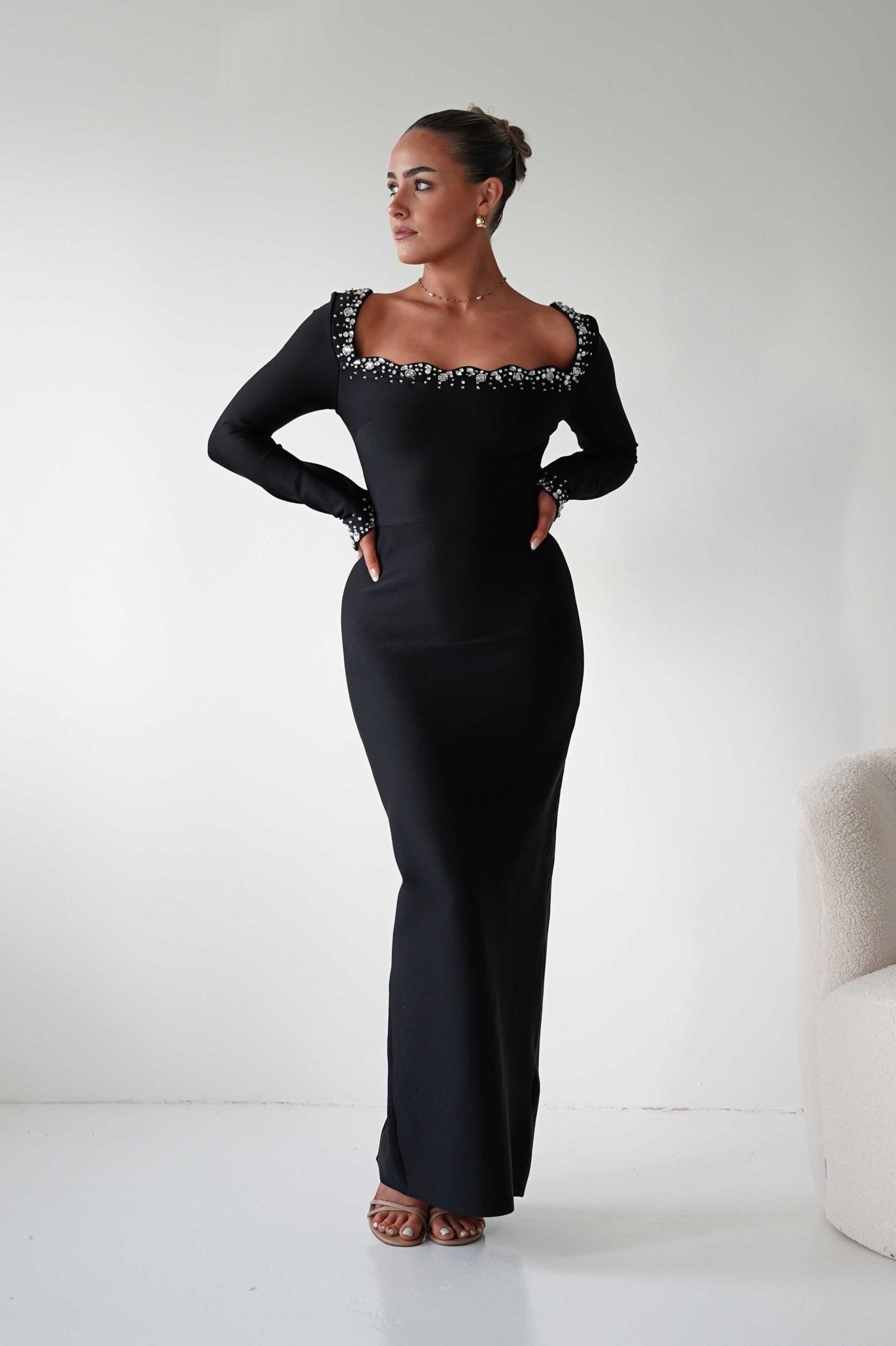 Oh Hello Clothing Dresses 1*DONE - F&P -618028- Black Embellished Square Neck Long Sleeve Midi Dress