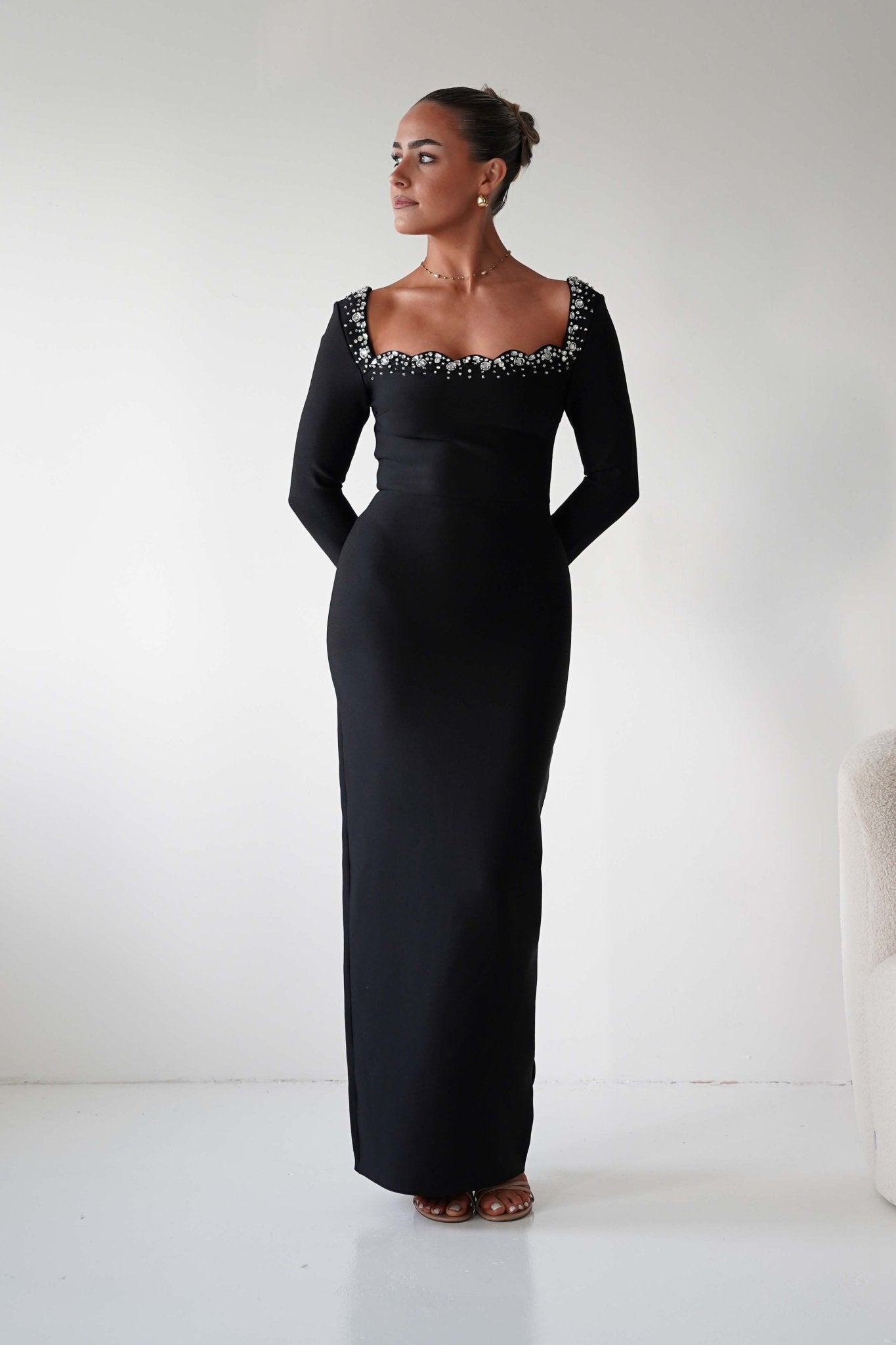 Oh Hello Clothing Dresses 1*DONE - F&P -618028- Black Embellished Square Neck Long Sleeve Midi Dress