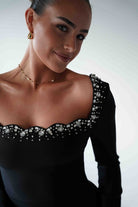 Oh Hello Clothing Dresses 1*DONE - F&P -618028- Black Embellished Square Neck Long Sleeve Midi Dress