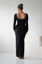 Oh Hello Clothing Dresses 1*DONE - F&P -618028- Black Embellished Square Neck Long Sleeve Midi Dress