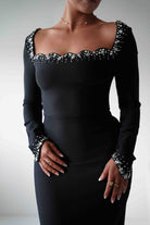 Oh Hello Clothing Dresses 1*DONE - F&P -618028- Black Embellished Square Neck Long Sleeve Midi Dress