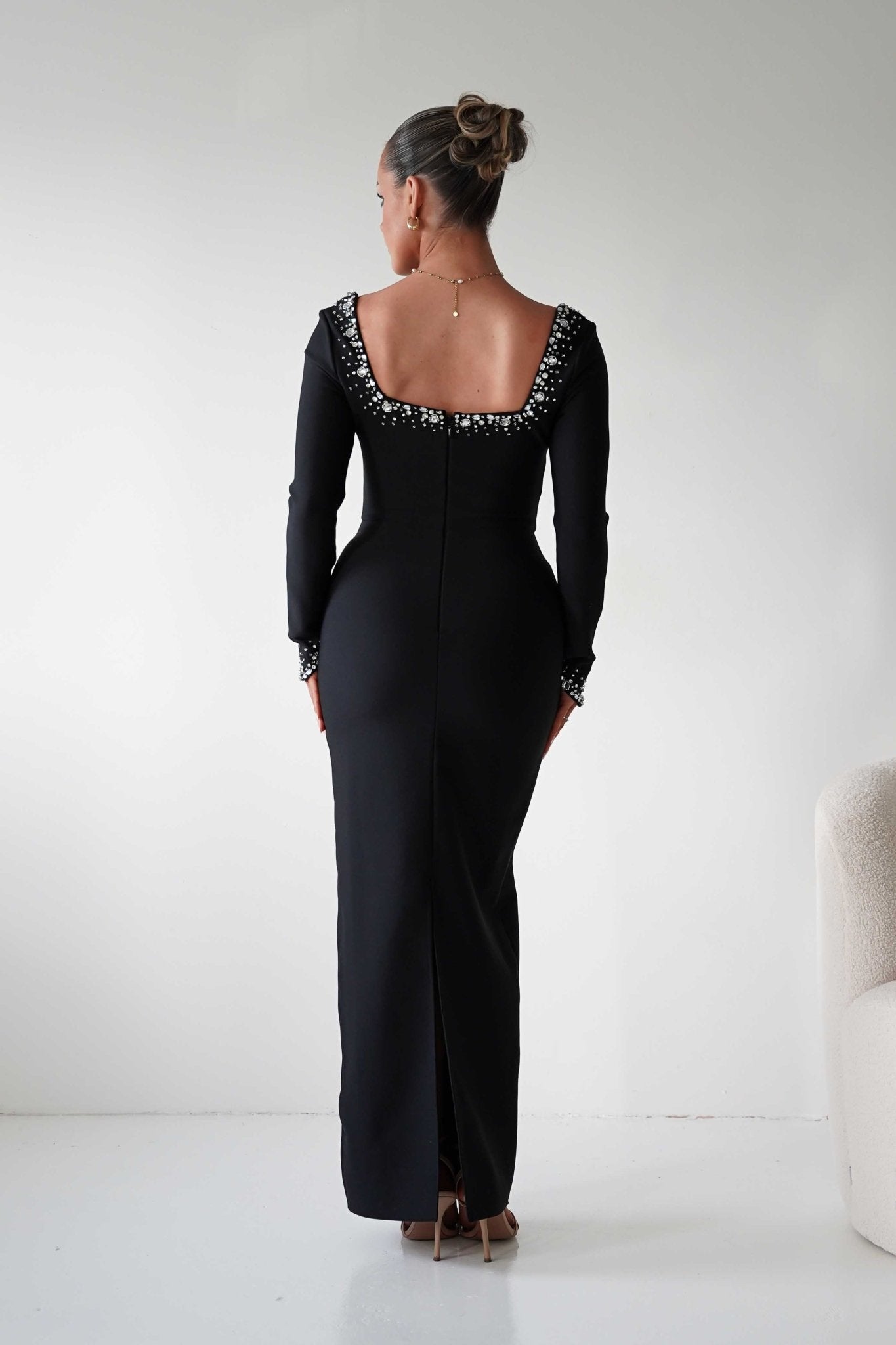 Oh Hello Clothing Dresses 1*DONE - F&P -618028- Black Embellished Square Neck Long Sleeve Midi Dress