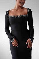 Oh Hello Clothing Dresses 1*DONE - F&P -618028- Black Embellished Square Neck Long Sleeve Midi Dress