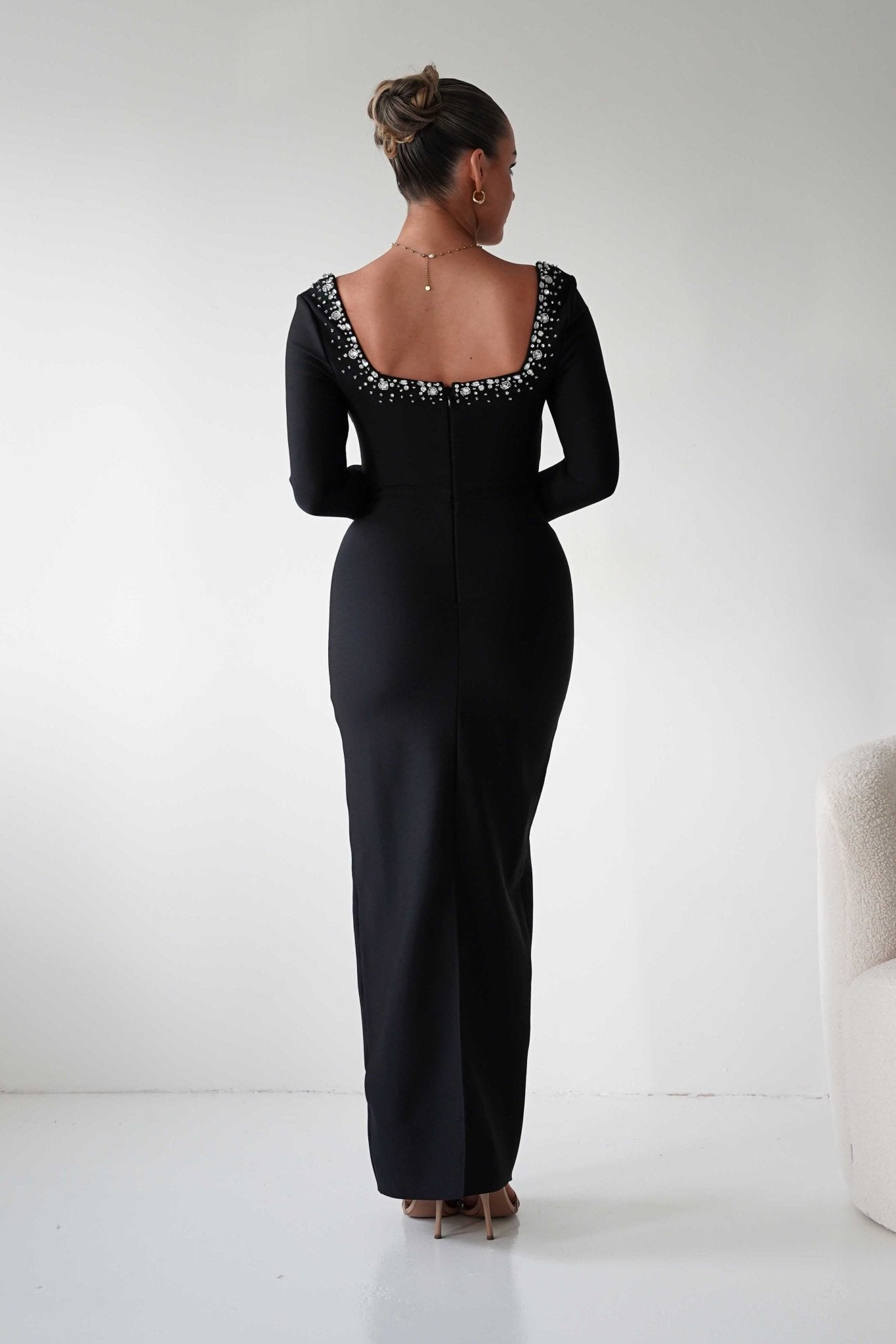 Oh Hello Clothing Dresses 1*DONE - F&P -618028- Black Embellished Square Neck Long Sleeve Midi Dress