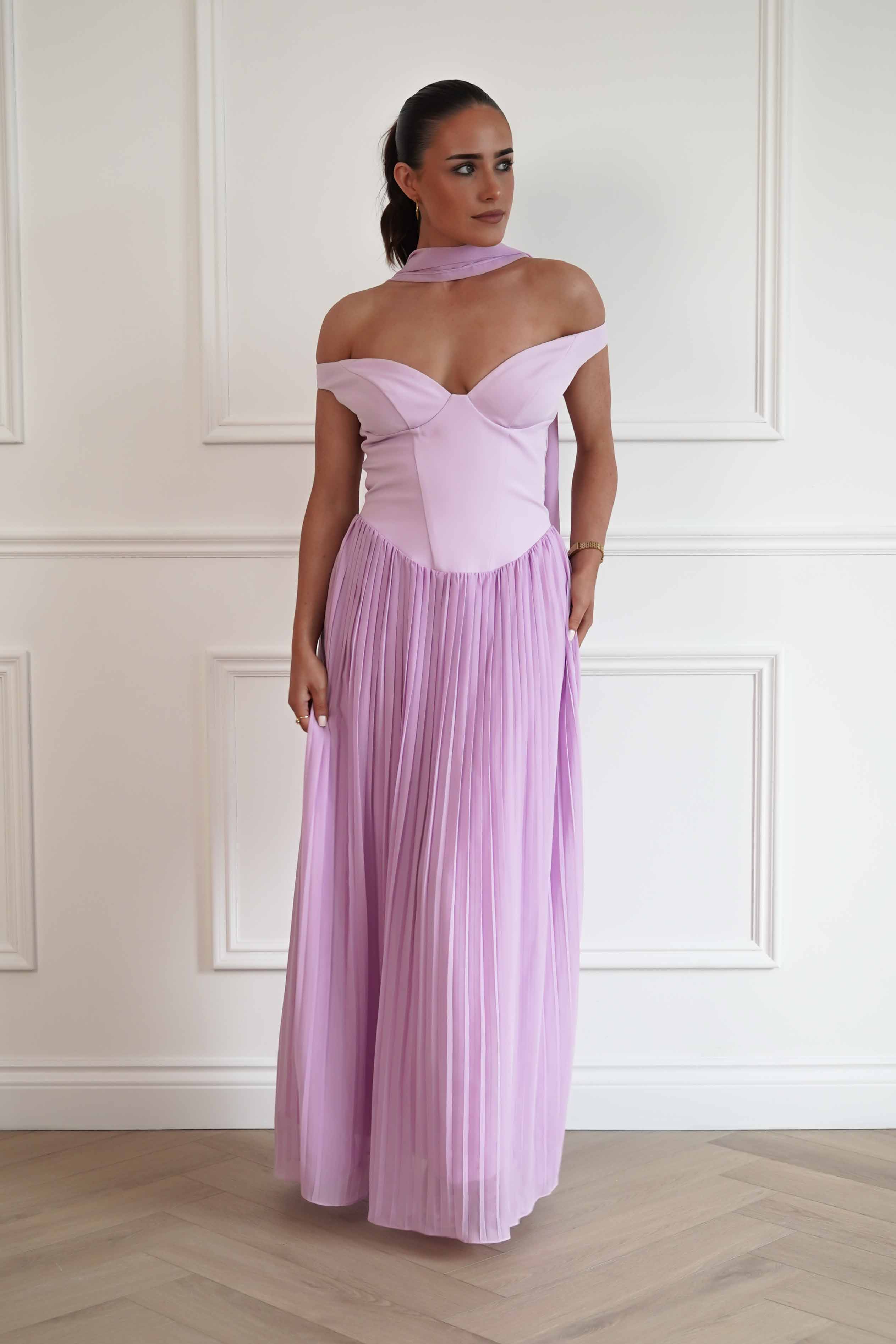 Oh Hello Clothing Women > Clothing > Dresses Kelsea Off The Shoulder Pleated Maxi Dress | Lilac