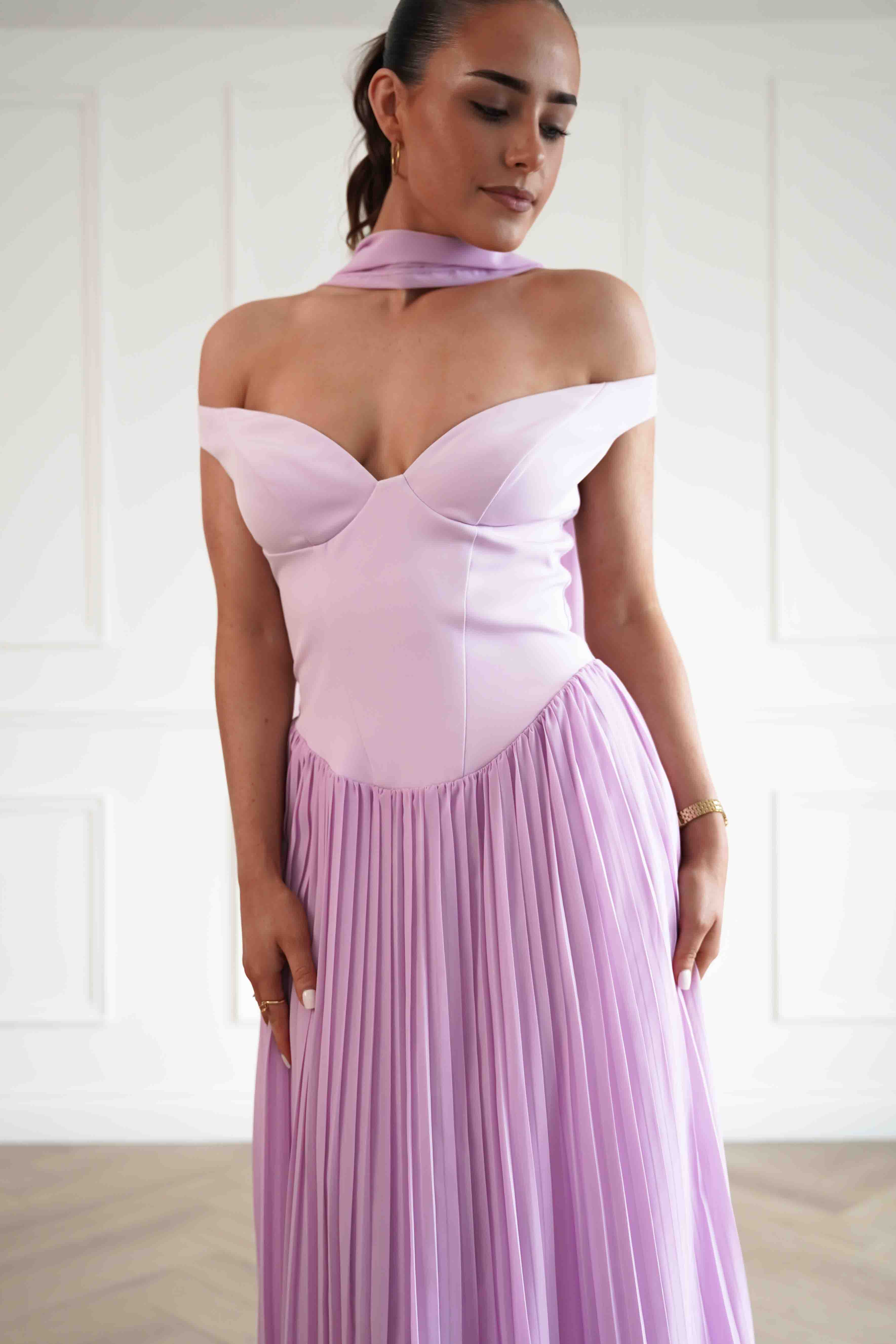 Oh Hello Clothing Women > Clothing > Dresses Kelsea Off The Shoulder Pleated Maxi Dress | Lilac