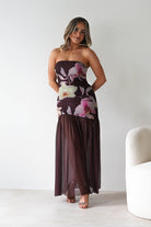 Khalani Strapless Midaxi Dress Brown Floral | Wedding Guest Dress | Oh Hello Clothing