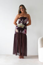 Khalani Strapless Midaxi Dress Brown Floral | Wedding Guest Dress | Oh Hello Clothing