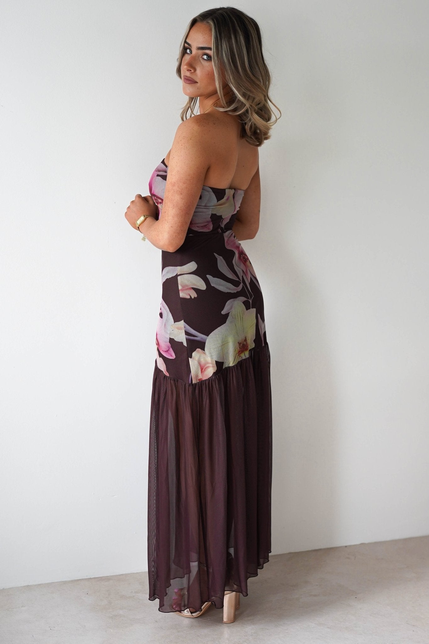Khalani Strapless Midaxi Dress Brown Floral | Wedding Guest Dress | Oh Hello Clothing