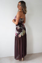 Khalani Strapless Midaxi Dress Brown Floral | Wedding Guest Dress | Oh Hello Clothing