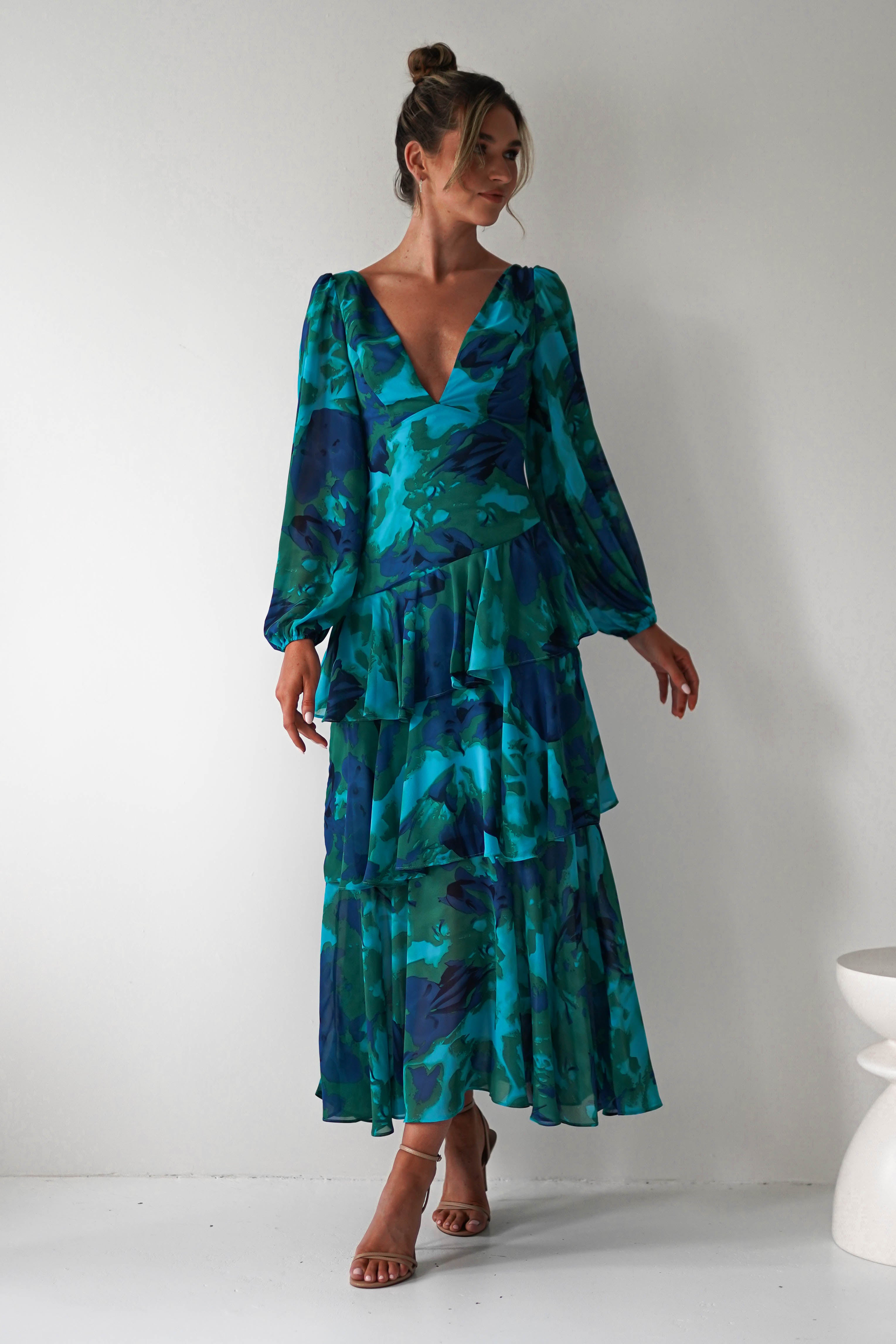 Kiyah Long Sleeve Maxi Dress Green Print | Wedding Guest Dress | Long Sleeve | Maxi | Oh Hello Clothing