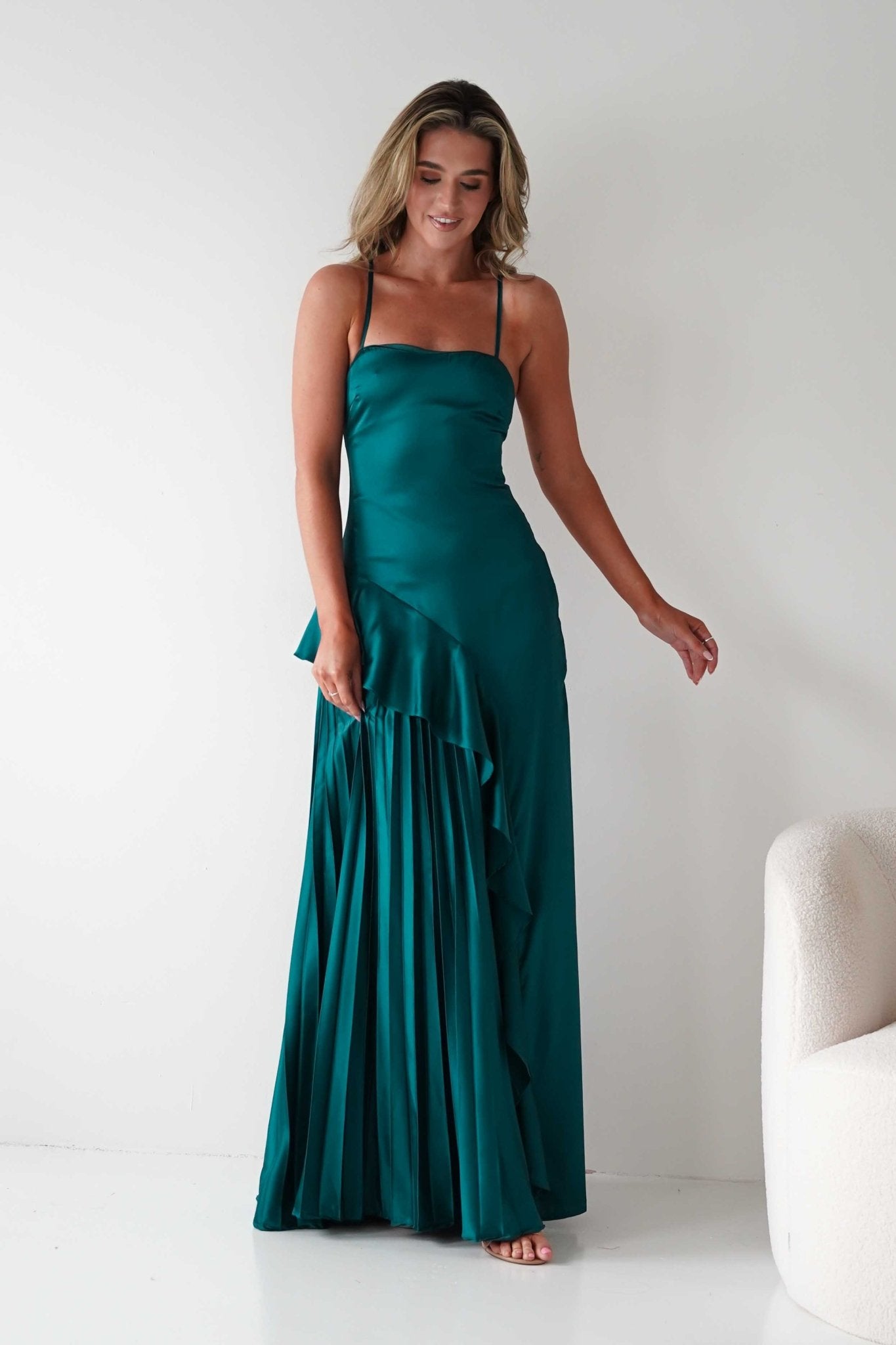 Krishna Satin Pleated Maxi Dresses | Emerald Green | Formal | Oh Hello Clothing