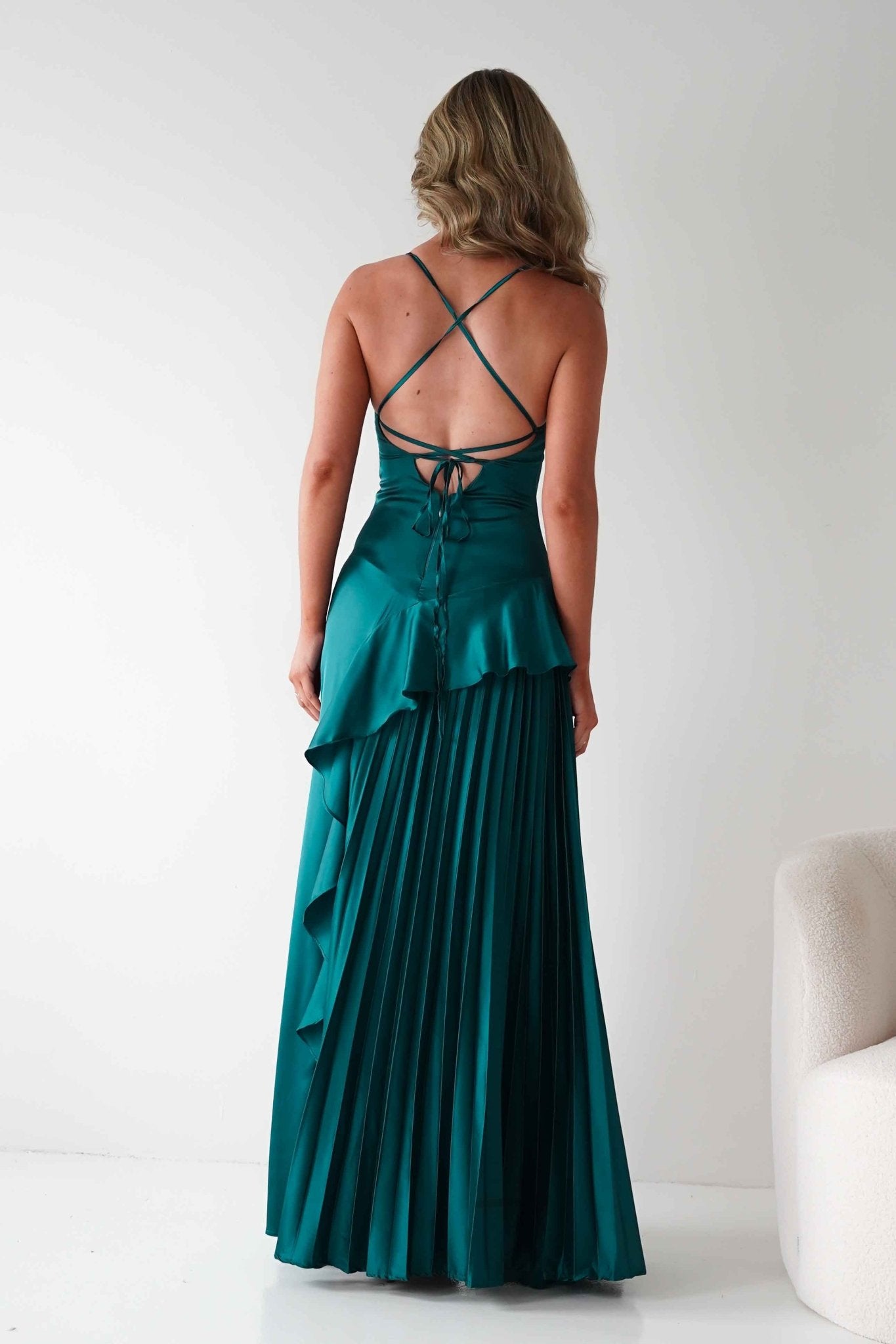 Krishna Satin Pleated Maxi Dresses | Emerald Green | Formal | Oh Hello Clothing