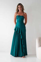 Krishna Satin Pleated Maxi Dresses | Emerald Green | Formal | Oh Hello Clothing