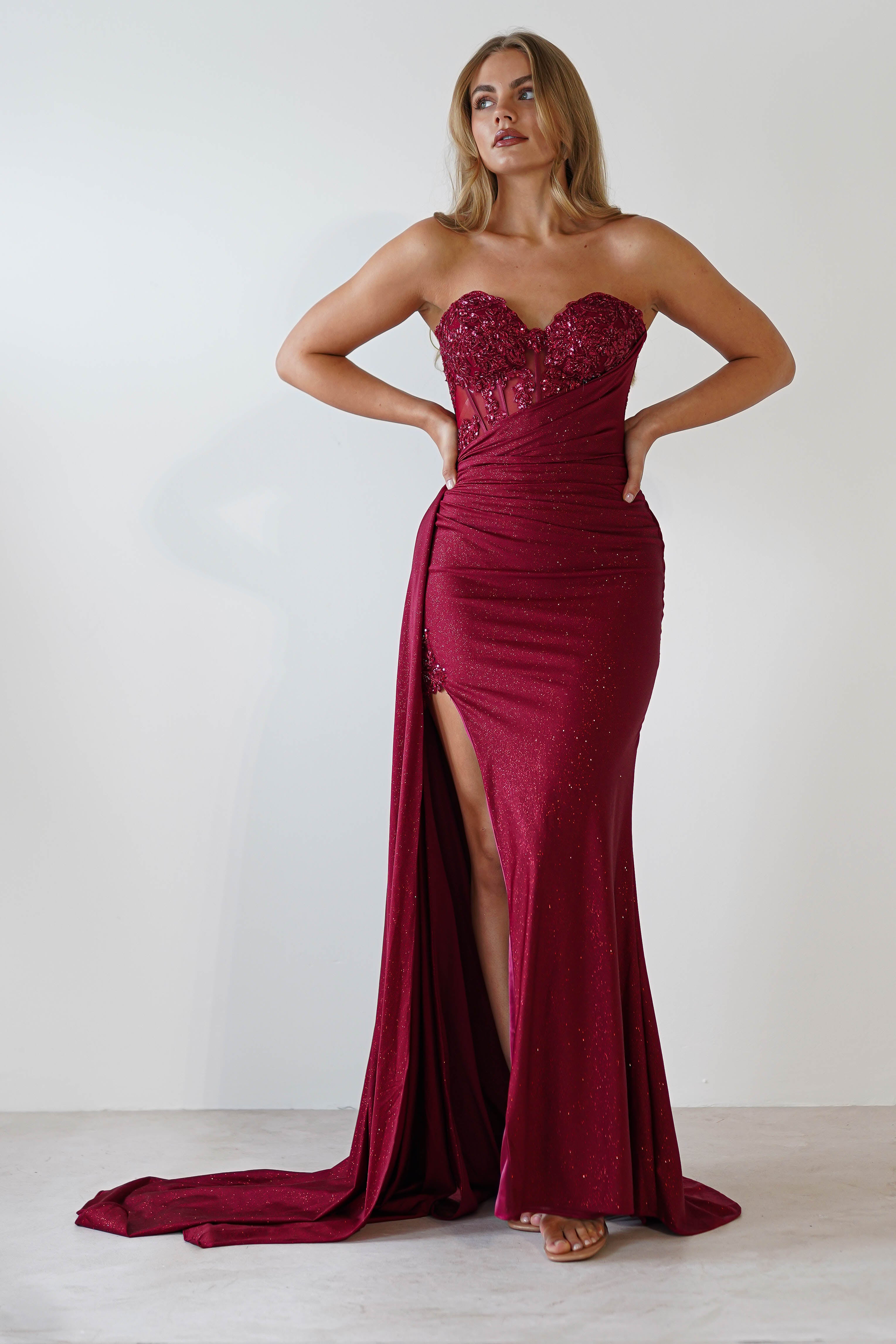 Lavelle Glitter Bodycon Gown | Burgundy | Debs & Prom | Formal Gown | Oh Hello Clothing