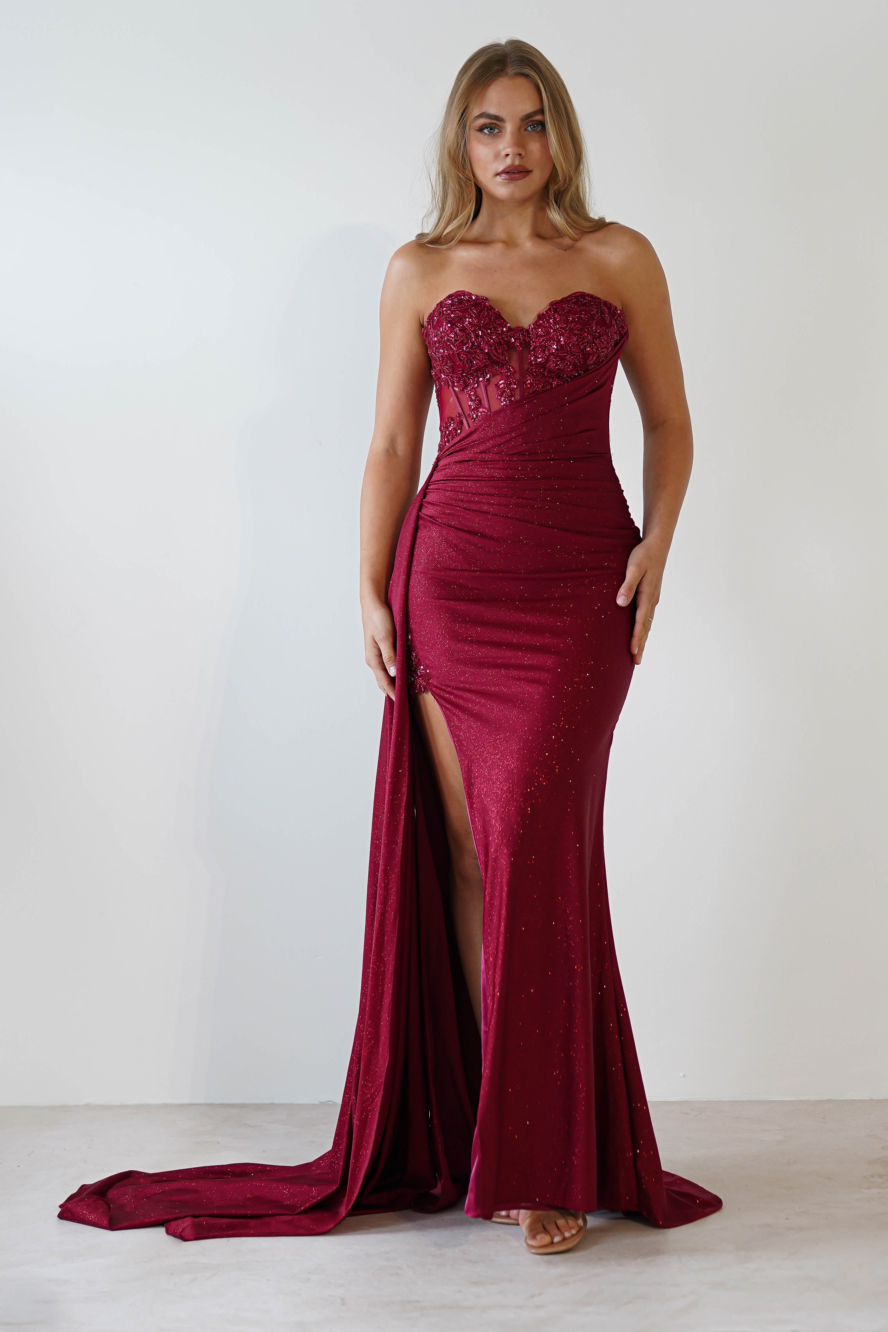 Lavelle Glitter Bodycon Gown | Burgundy | Debs & Prom | Formal Gown | Oh Hello Clothing