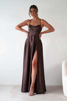 Leelie Silky Satin Maxi Gown | Brown | Debs & Prom | Formal Gown | Oh Hello Clothing