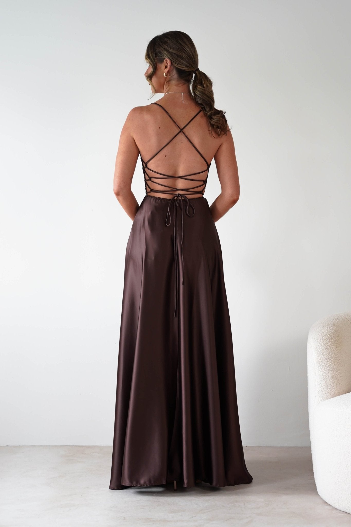 Leelie Silky Satin Maxi Gown | Brown | Debs & Prom | Formal Gown | Oh Hello Clothing