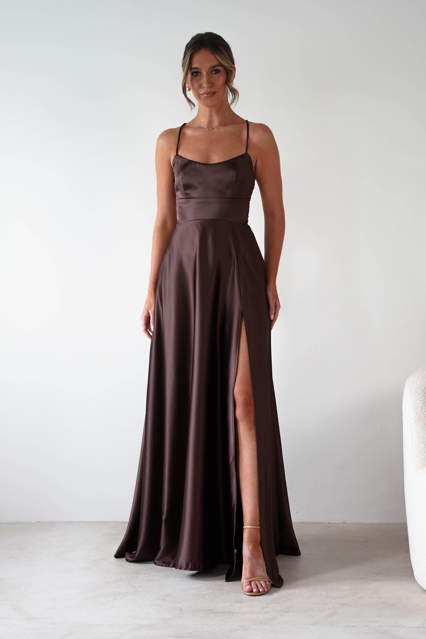 Leelie Silky Satin Maxi Gown | Brown | Debs & Prom | Formal Gown | Oh Hello Clothing