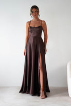 Leelie Silky Satin Maxi Gown | Brown | Debs & Prom | Formal Gown | Oh Hello Clothing