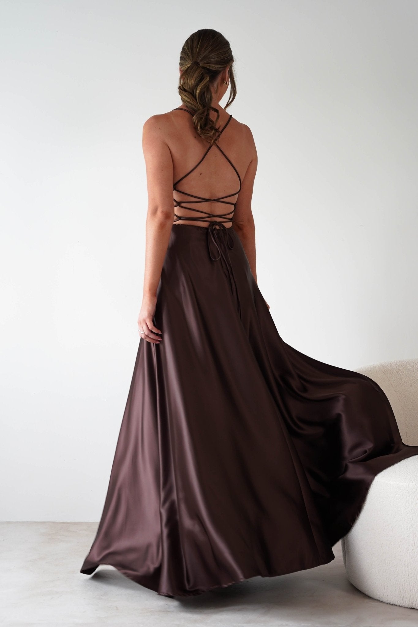 Leelie Silky Satin Maxi Gown | Brown | Debs & Prom | Formal Gown | Oh Hello Clothing