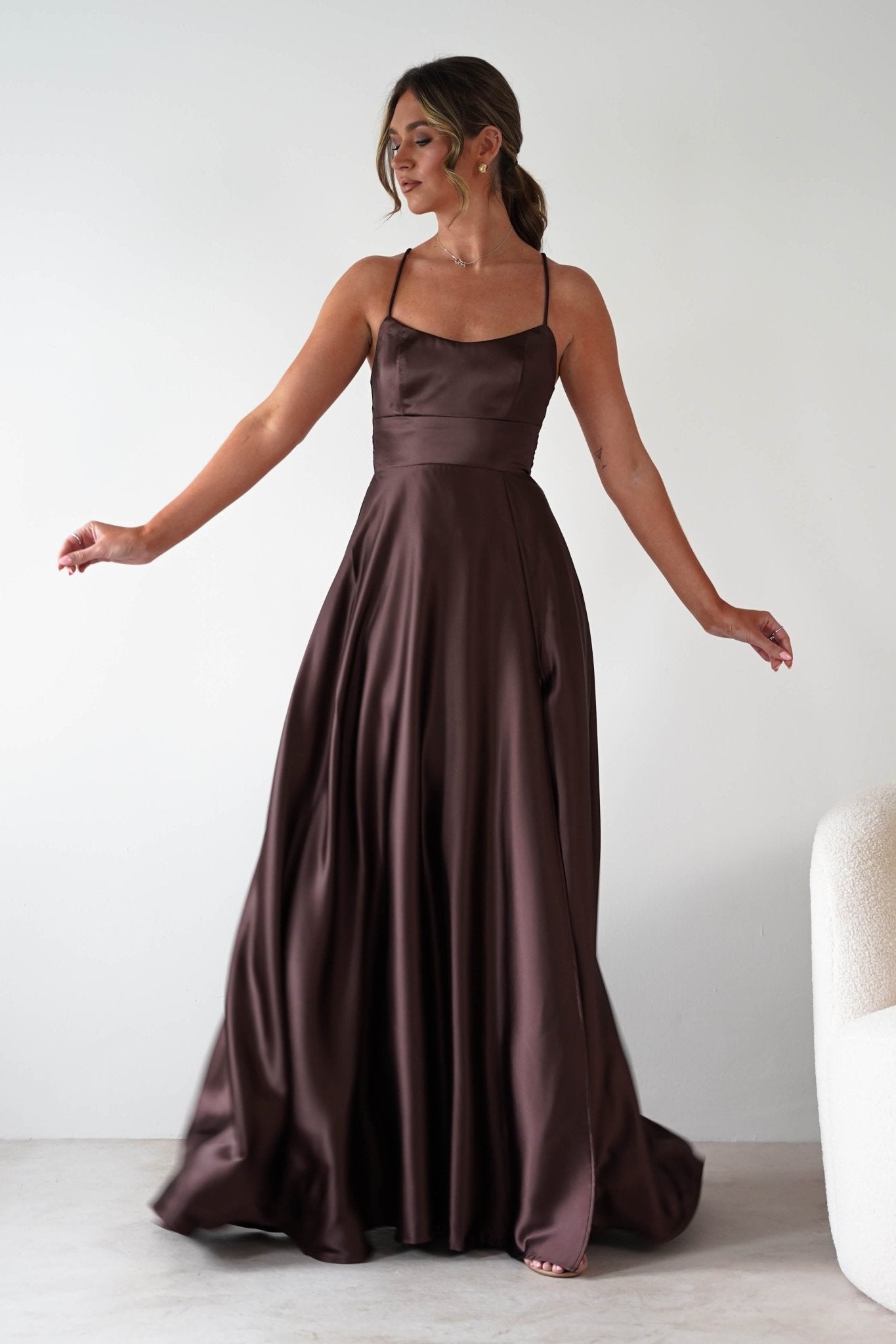 Leelie Silky Satin Maxi Gown | Brown | Debs & Prom | Formal Gown | Oh Hello Clothing