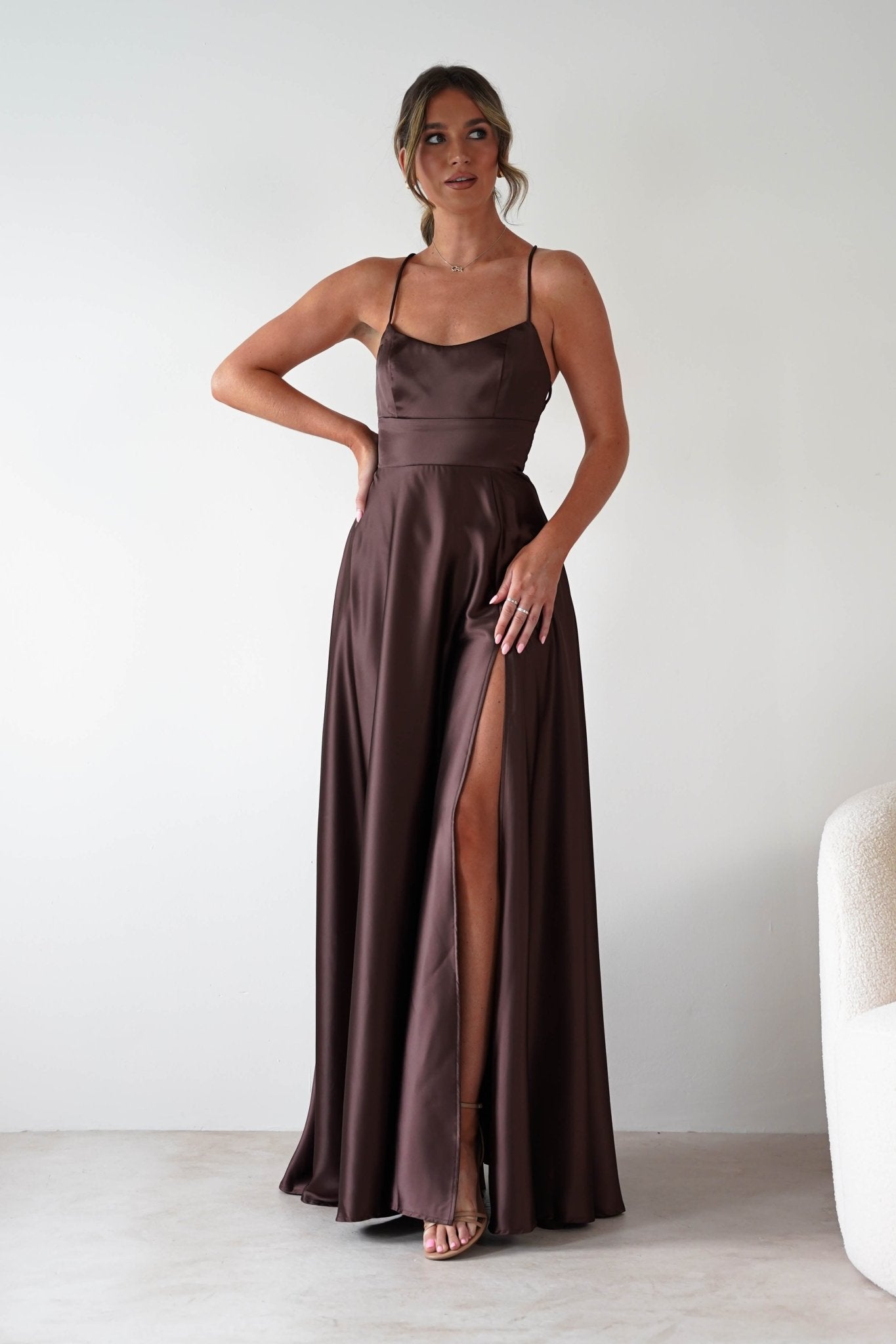 Leelie Silky Satin Maxi Gown | Brown | Debs & Prom | Formal Gown | Oh Hello Clothing