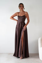 Leelie Silky Satin Maxi Gown | Brown | Debs & Prom | Formal Gown | Oh Hello Clothing