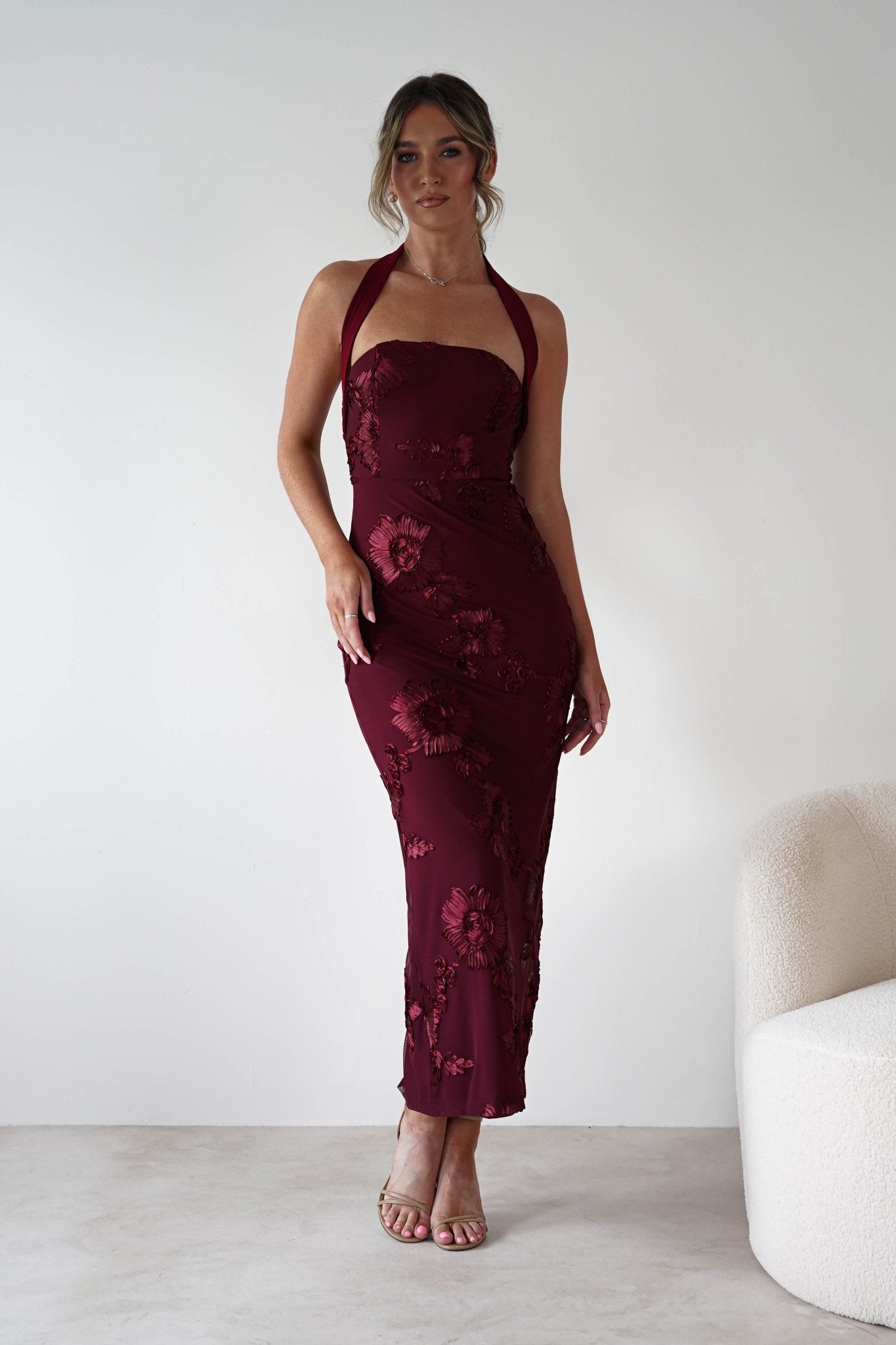 Lilani Textured Midaxi Dress Wine | Wedding Guest Dress | Oh Hello Clothing