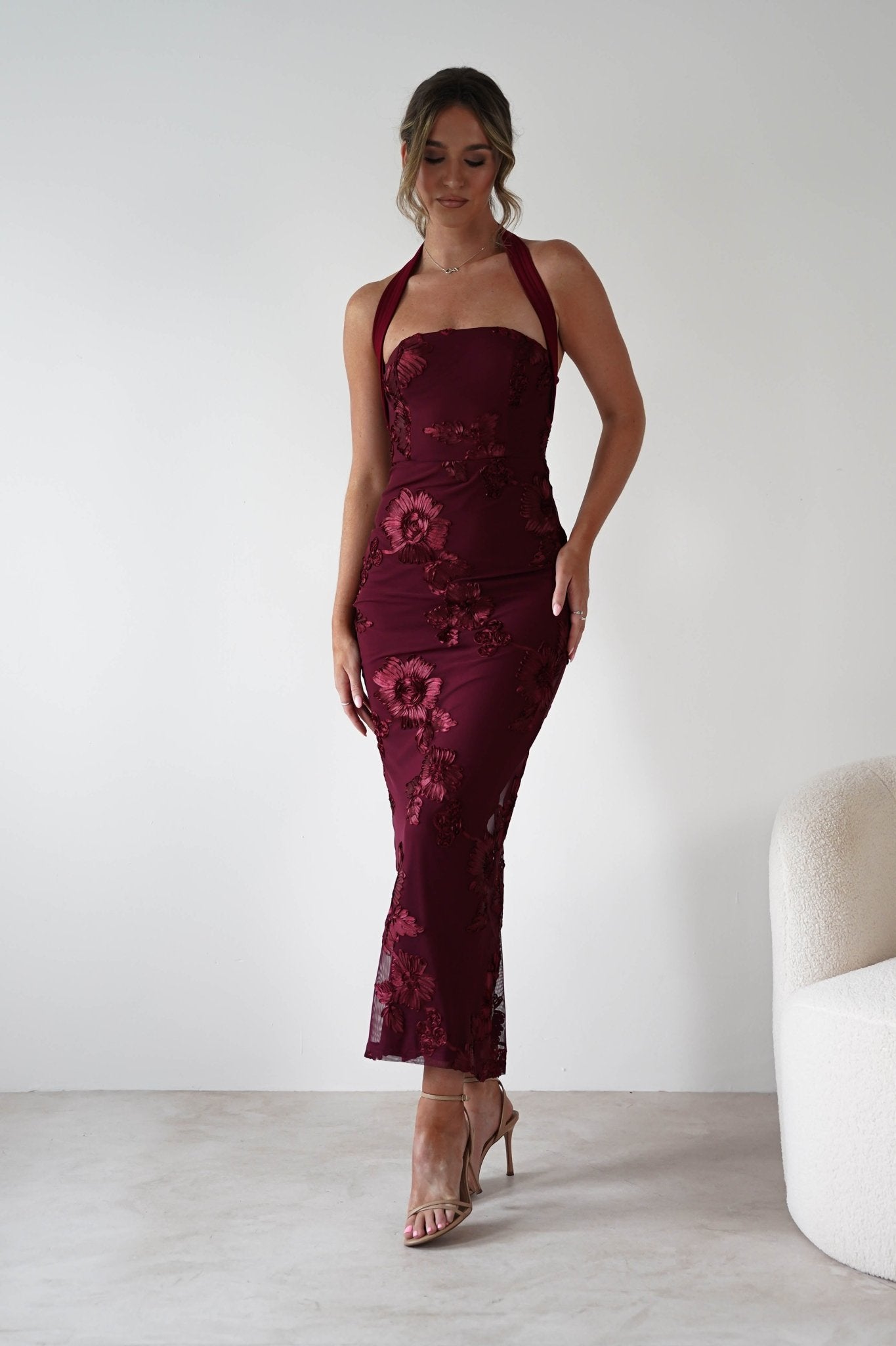 Lilani Textured Midaxi Dress Wine | Wedding Guest Dress | Oh Hello Clothing