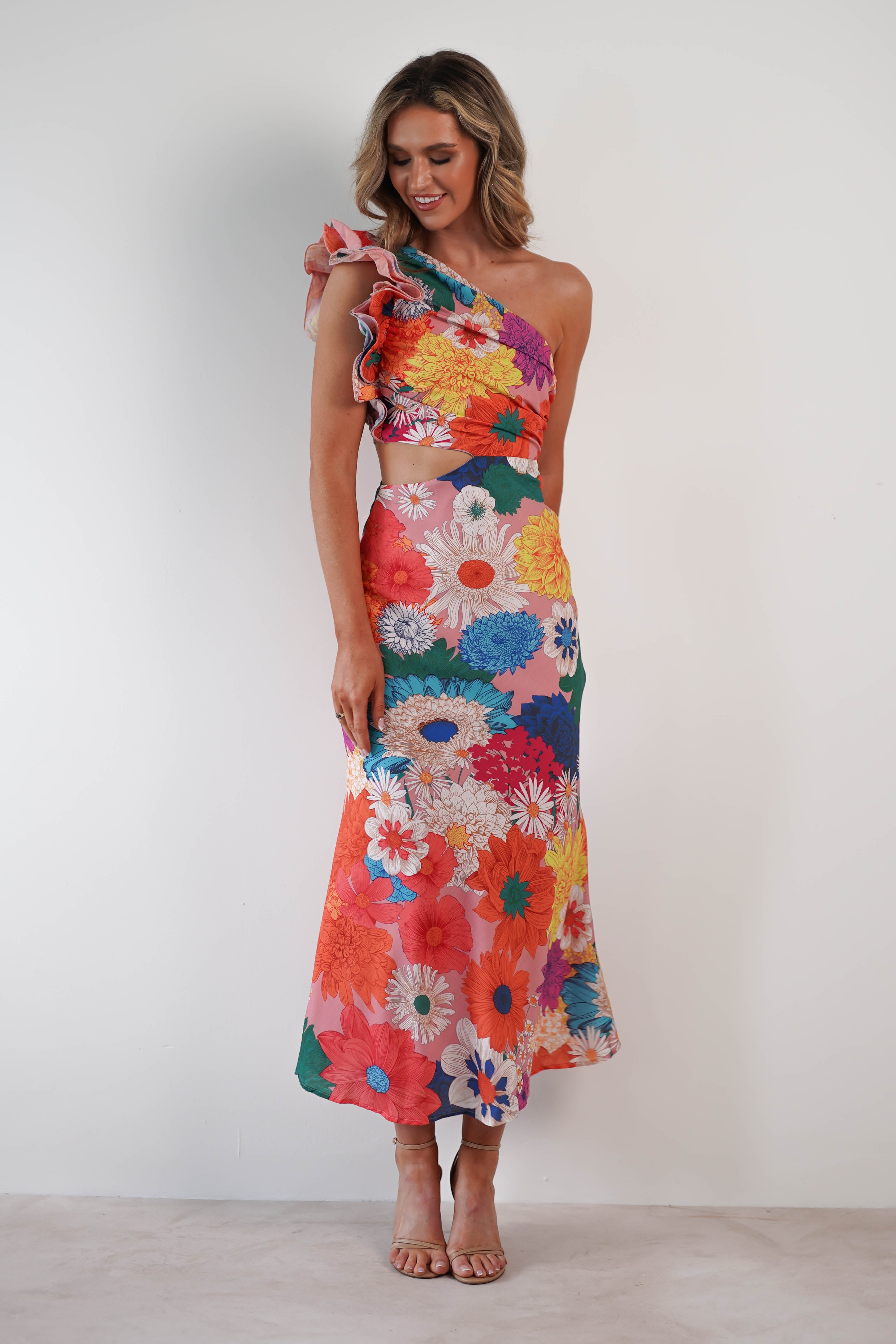 Logen Ruffle Sleeve Midaxi Orange Floral Print | Wedding Guest Dress | Oh Hello Clothing