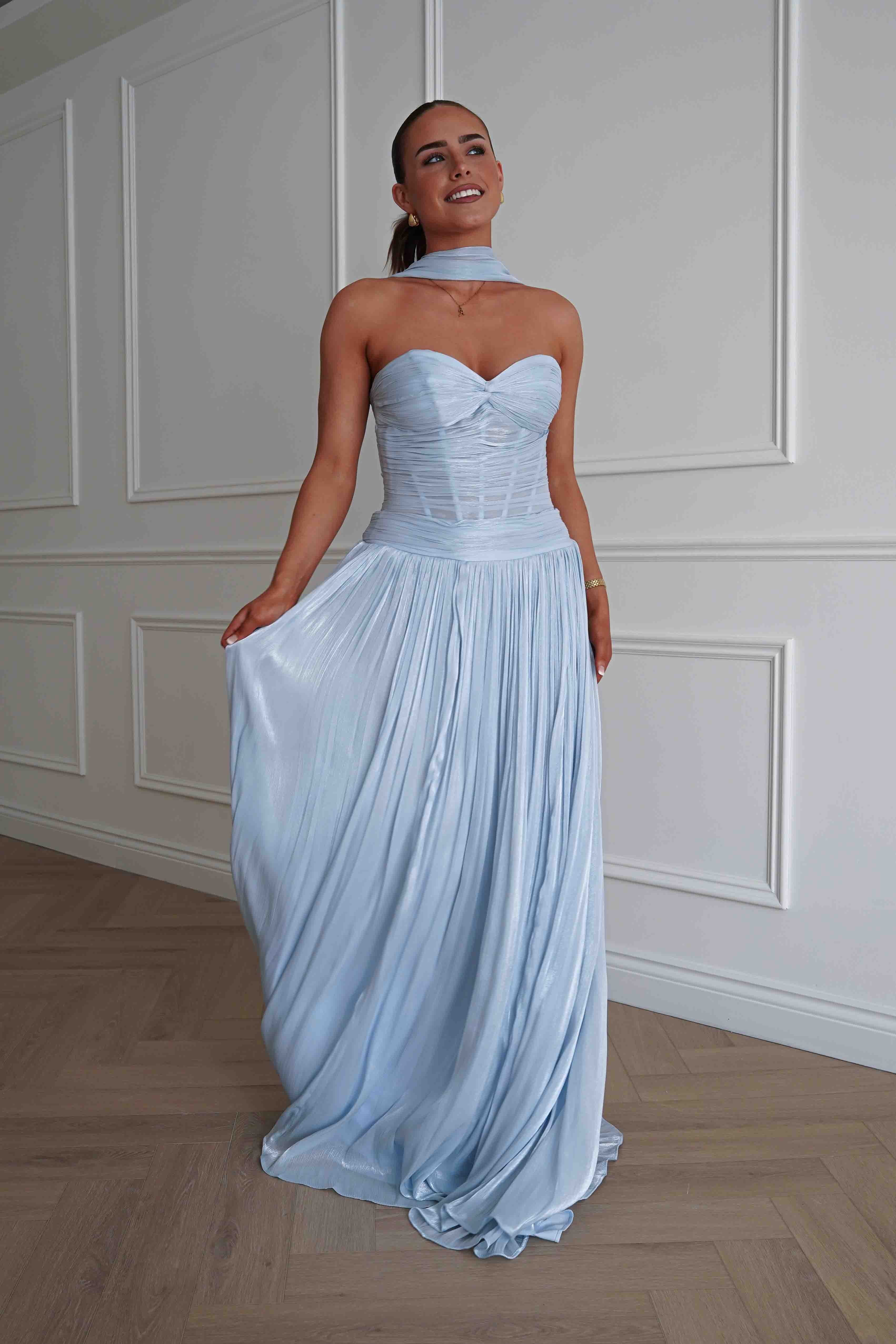 Oh Hello Clothing Dresses > Prom Dresses Longoria Pleated Luminescent Maxi Gown | Blue