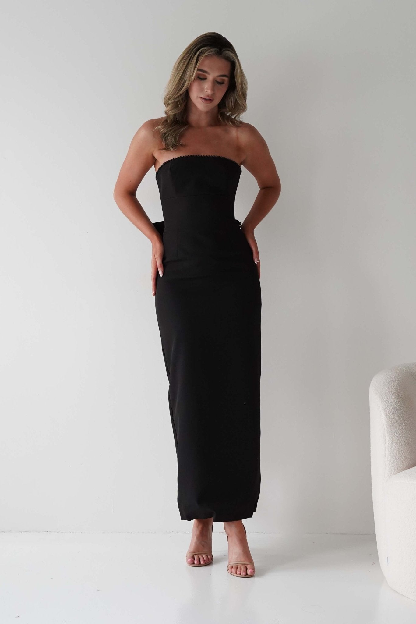 Louisiana Pearl Bow Strapless Dress Black | Wedding Guest Dress | Oh Hello Clothing