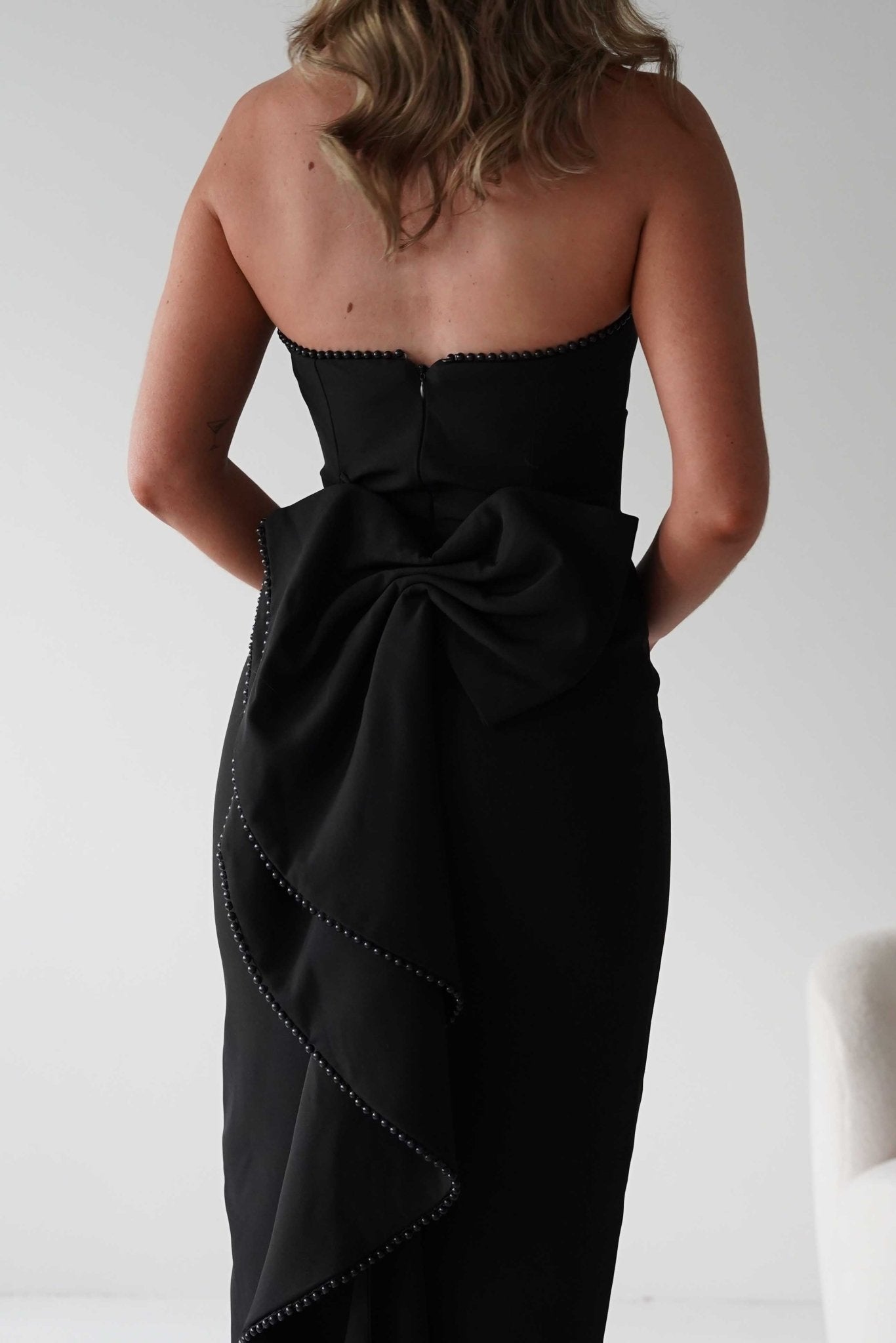 Louisiana Pearl Bow Strapless Dress Black | Wedding Guest Dress | Oh Hello Clothing