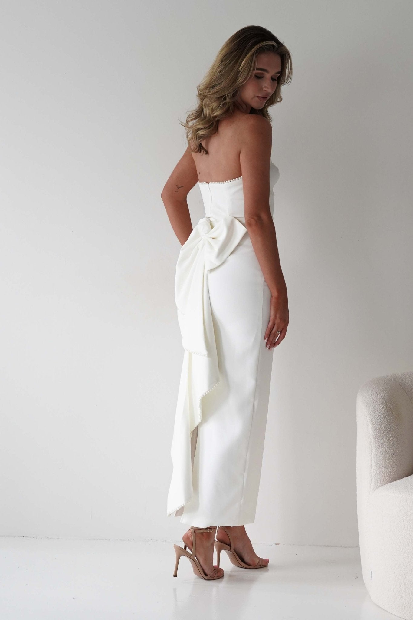 Louisiana Pearl Bow Strapless Dress | White | Graduation | Bride To Be Hen Dress | Oh Hello Clothing