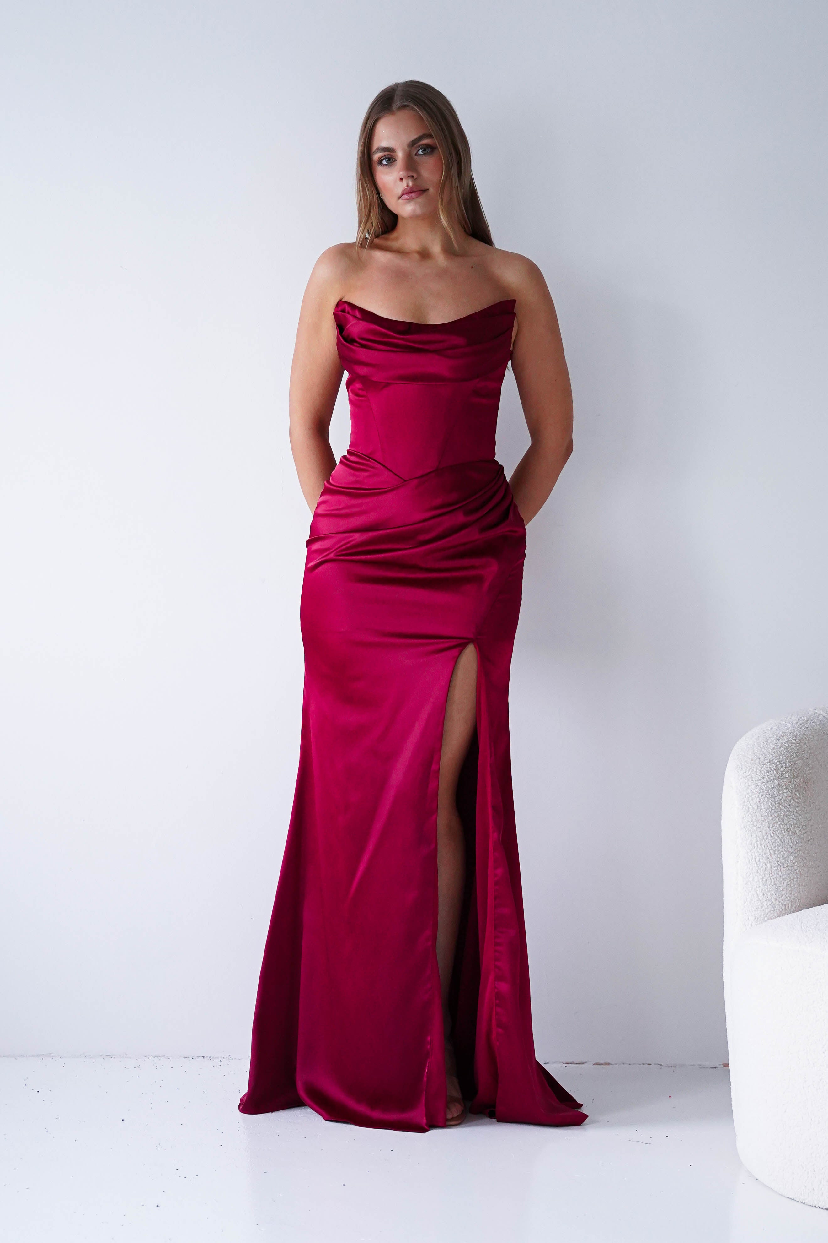 Oh Hello Clothing Dresses > Prom Dresses Lucienne Satin Strapless Maxi Dress | Deep Red
