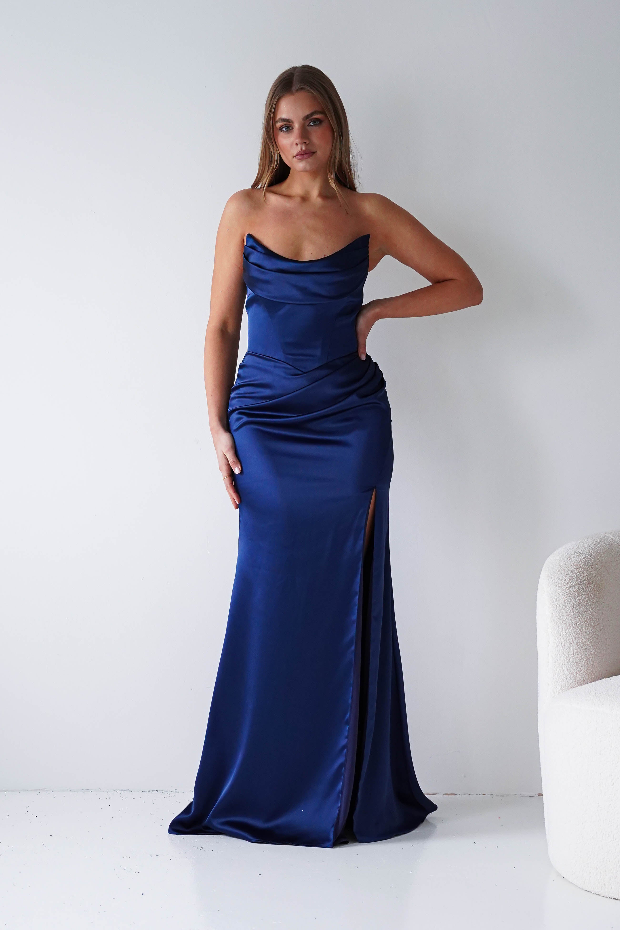 Oh Hello Clothing Dresses > Prom Dresses Lucienne Satin Strapless Maxi Dress | Navy