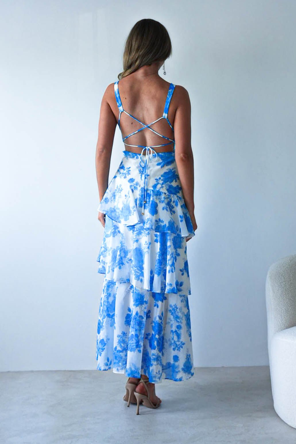 Lyla Floral Ruffle Midaxi Dress Blue/White | Wedding Guest Dress | Oh Hello Clothing