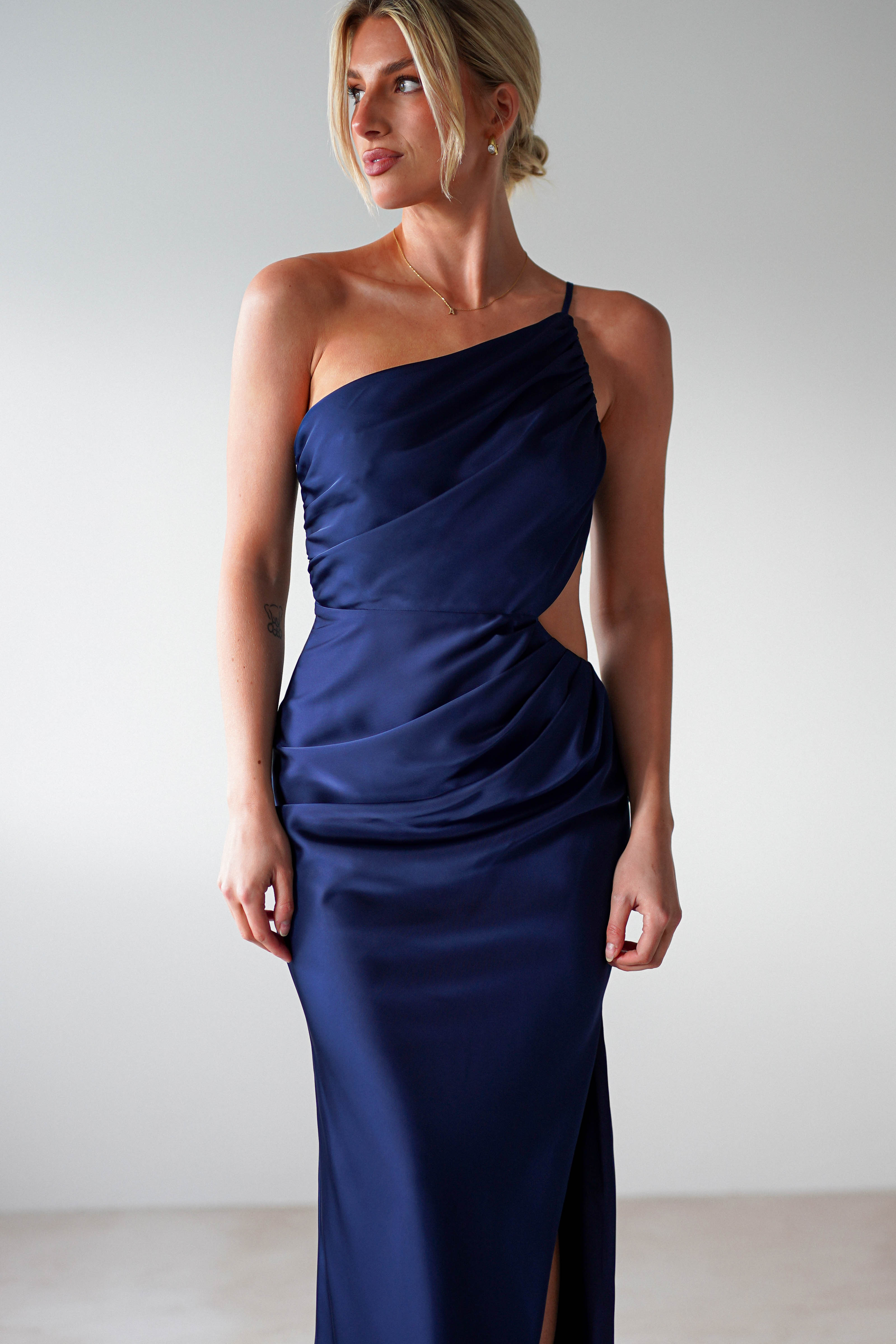 Lyra Soft Matte Satin Maxi Dress Navy | Wedding Guest Dress | Maxi | Satin | Oh Hello Clothing