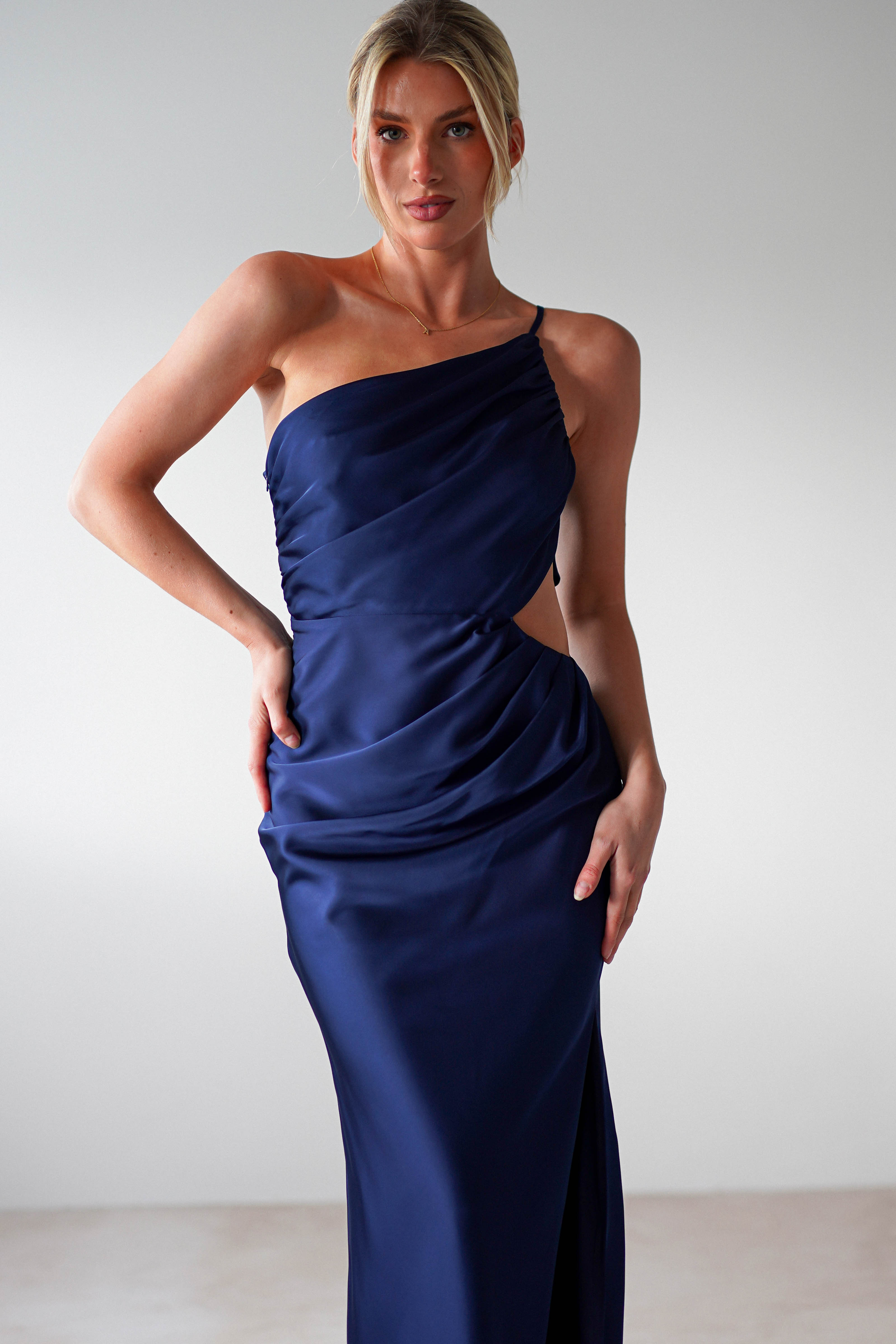 Lyra Soft Matte Satin Maxi Dress Navy | Wedding Guest Dress | Maxi | Satin | Oh Hello Clothing