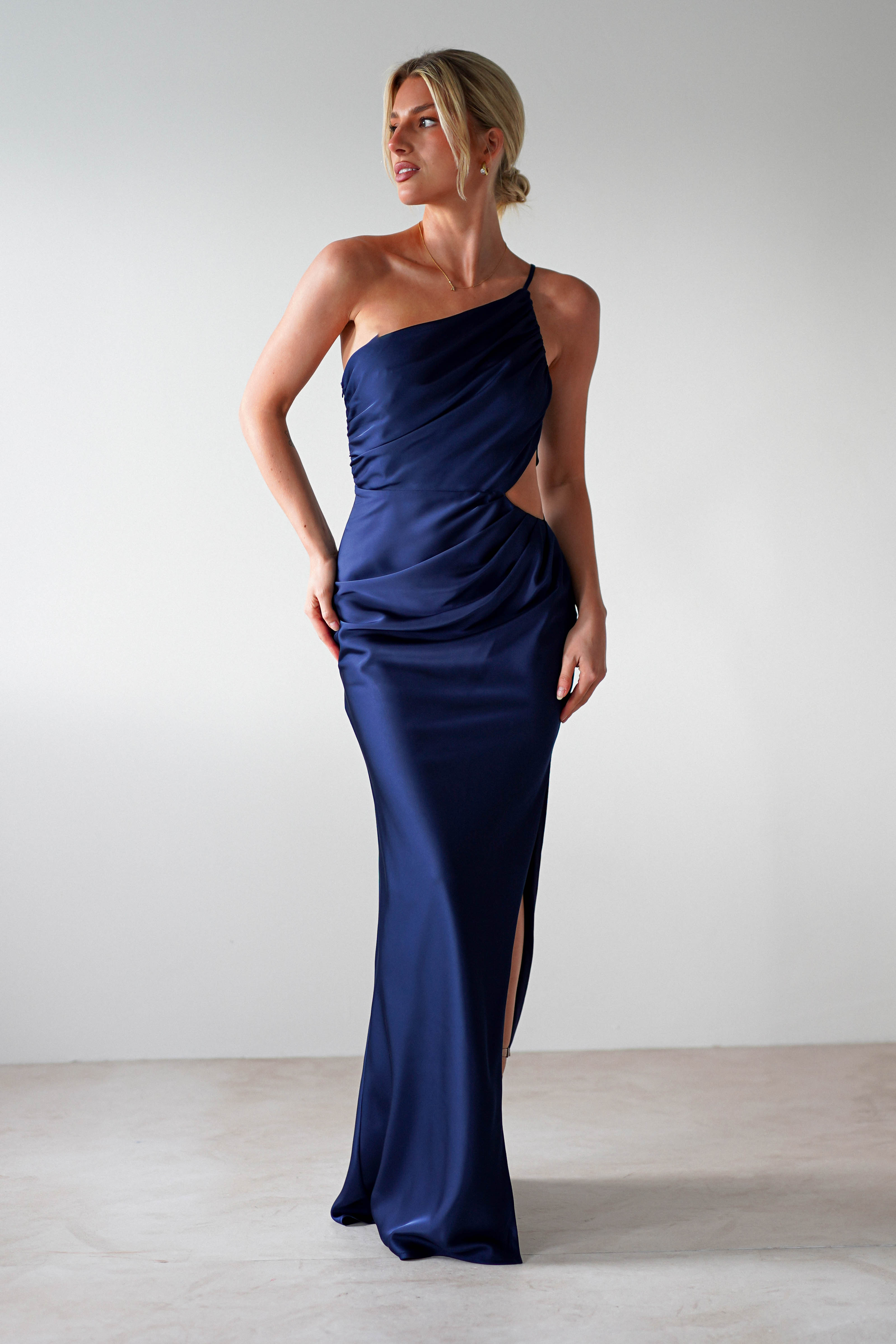 Lyra Soft Matte Satin Maxi Dress Navy | Wedding Guest Dress | Maxi | Satin | Oh Hello Clothing
