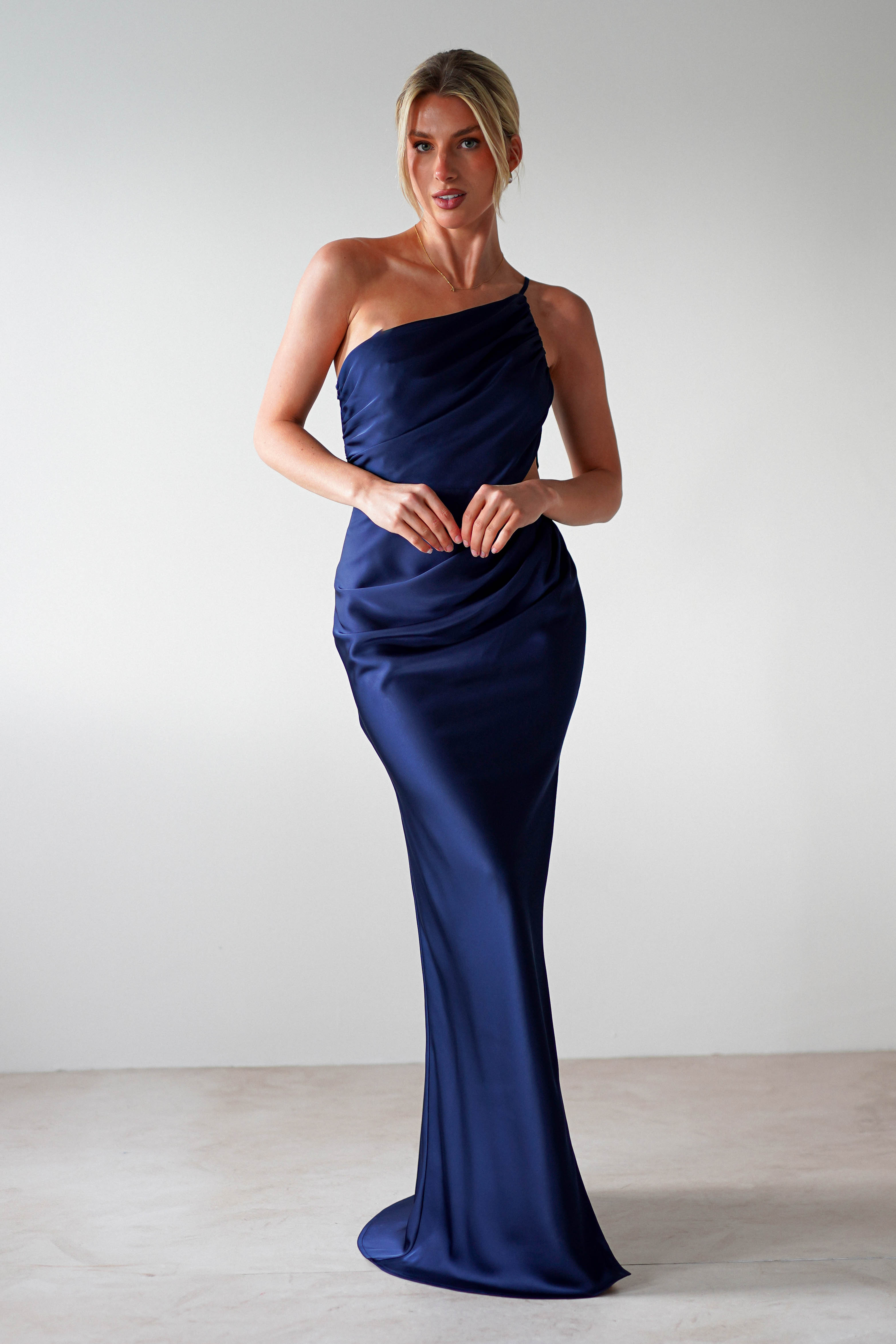 Lyra Soft Matte Satin Maxi Dress Navy | Wedding Guest Dress | Maxi | Satin | Oh Hello Clothing