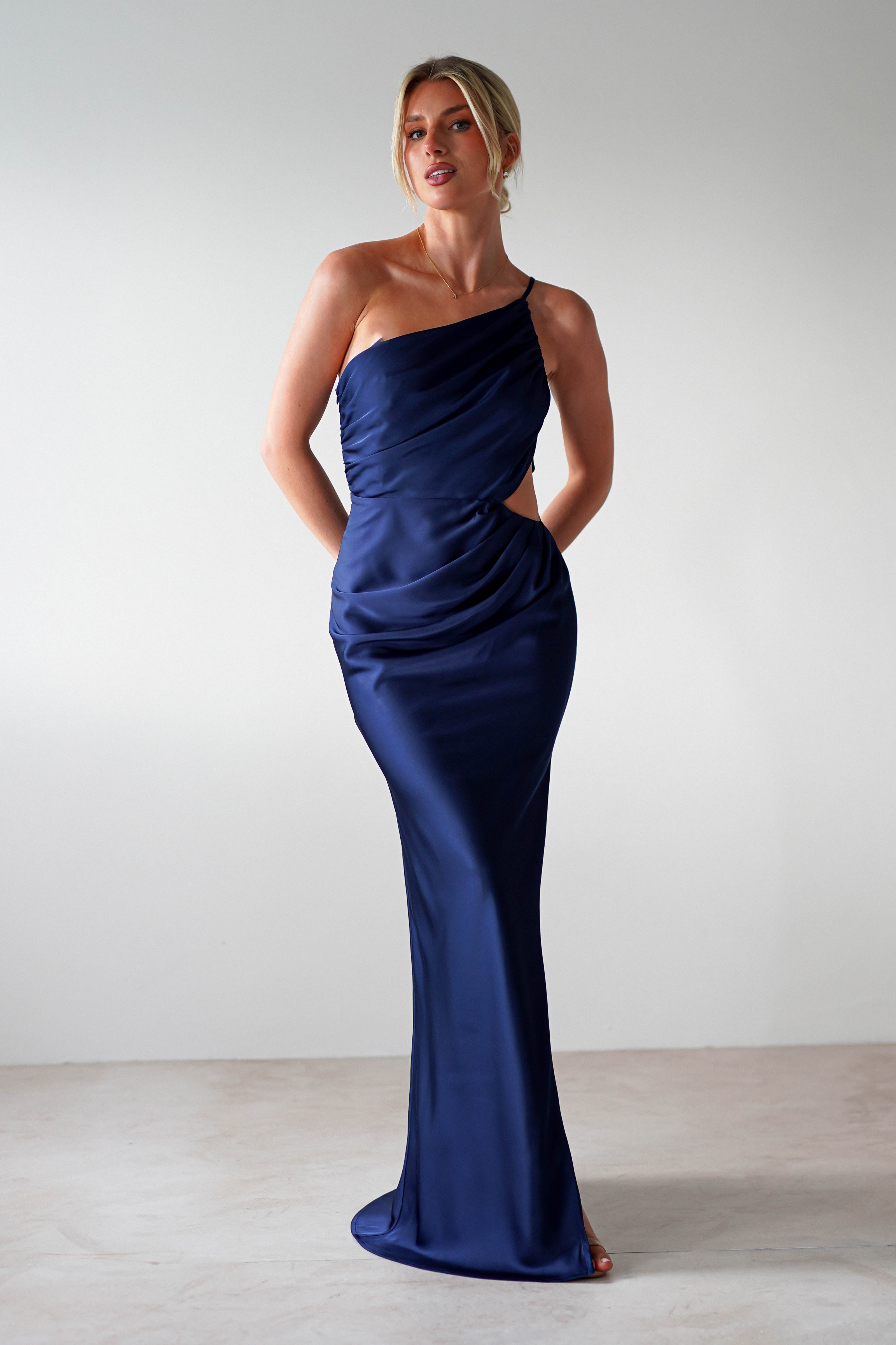 Lyra Soft Matte Satin Maxi Dress Navy | Wedding Guest Dress | Maxi | Satin | Oh Hello Clothing