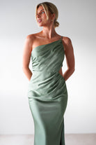 Lyra Soft Matte Satin Maxi Dress Olive | Wedding Guest Dress | Maxi | Satin | Oh Hello Clothing
