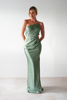 Lyra Soft Matte Satin Maxi Dress Olive | Wedding Guest Dress | Maxi | Satin | Oh Hello Clothing