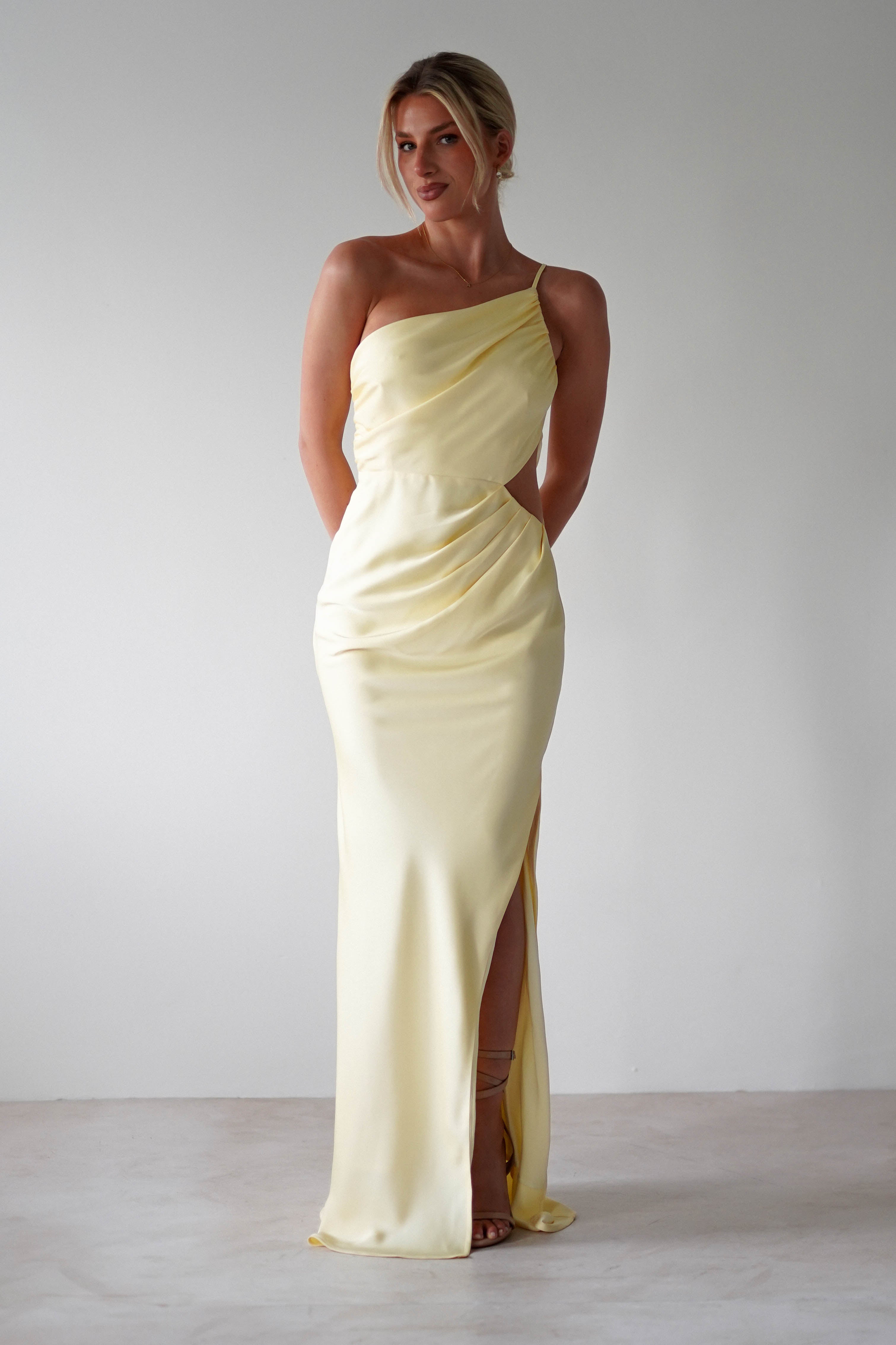 Lyra Soft Matte Satin Maxi Dress Yellow | Wedding Guest Dress | Maxi | Satin | Oh Hello Clothing