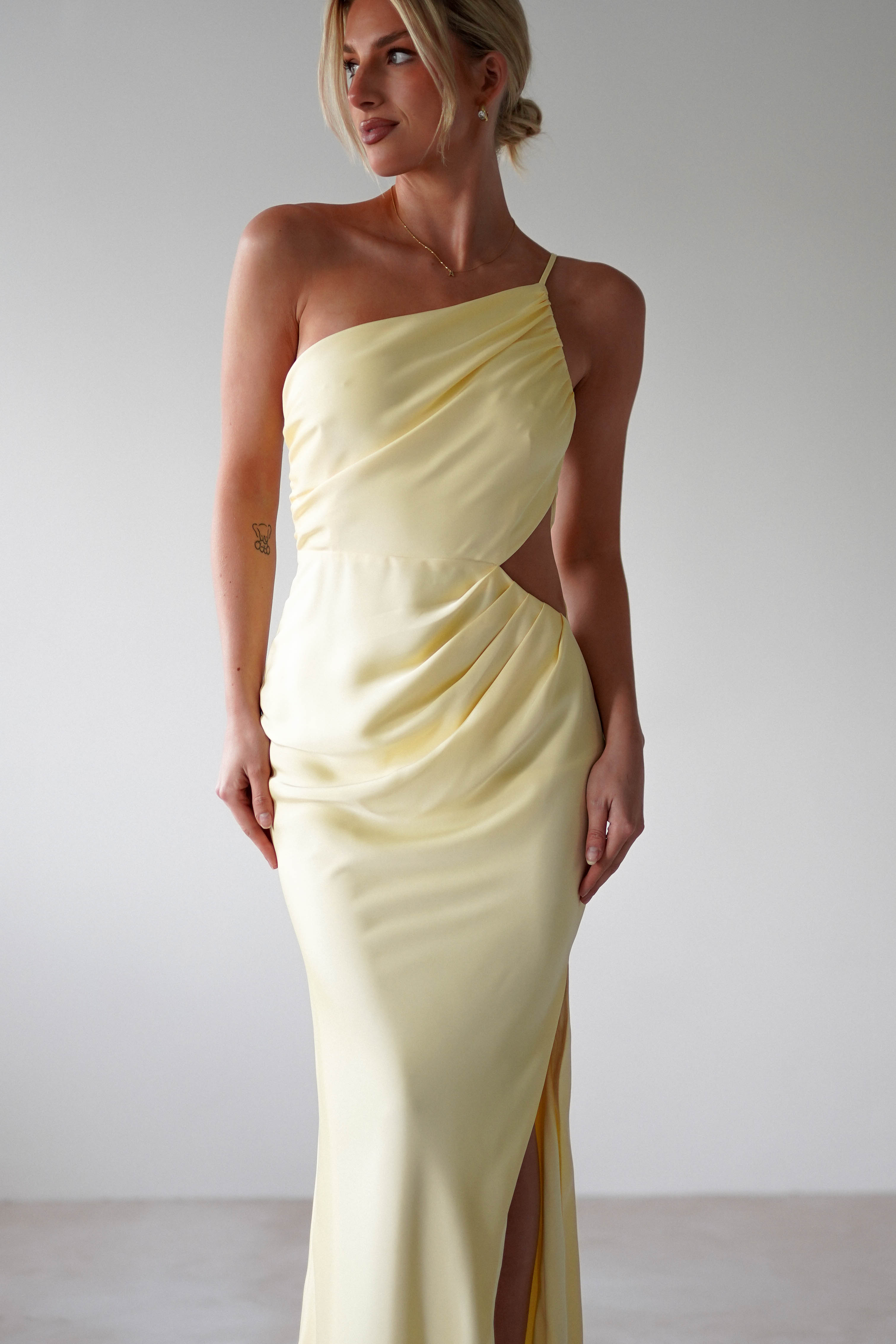 Lyra Soft Matte Satin Maxi Dress Yellow | Wedding Guest Dress | Maxi | Satin | Oh Hello Clothing