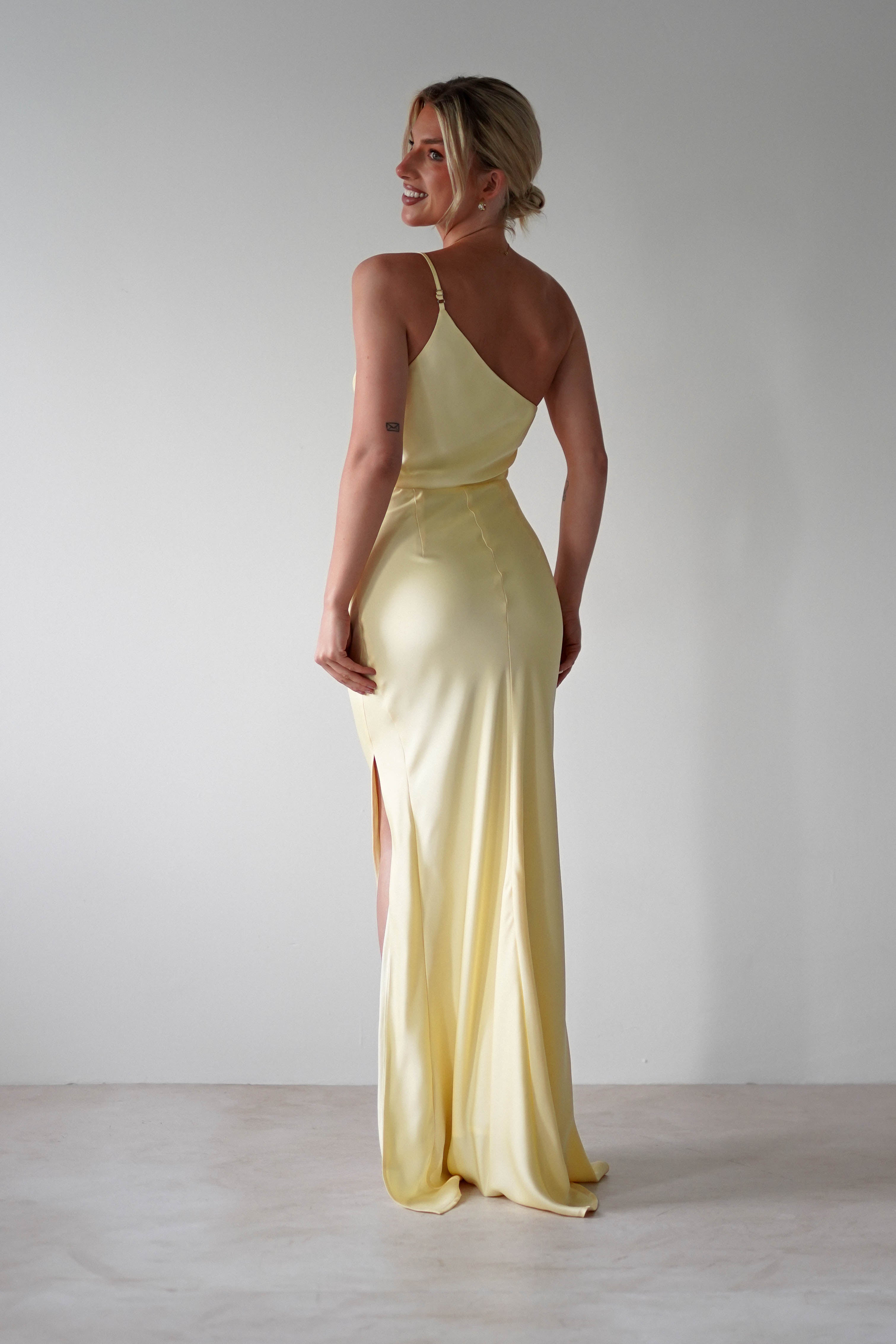 Lyra Soft Matte Satin Maxi Dress Yellow | Wedding Guest Dress | Maxi | Satin | Oh Hello Clothing